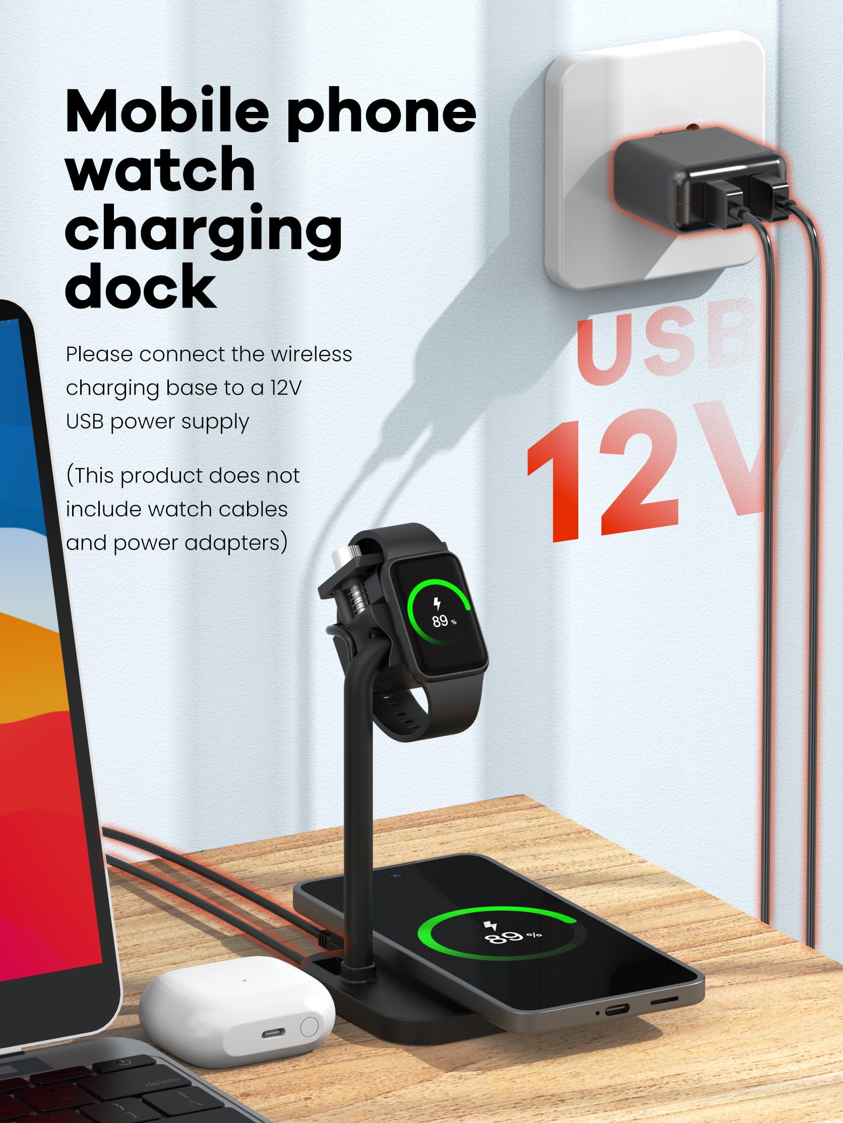 Station de charge universelle sans fil 2 en 1 avec support de bracelet intelligent réglable, compatible avec Samsung/Xiaomi/Amazfit/Fitpolo/GRV/AGPTEK/Fire-Boltt (03SW-B)