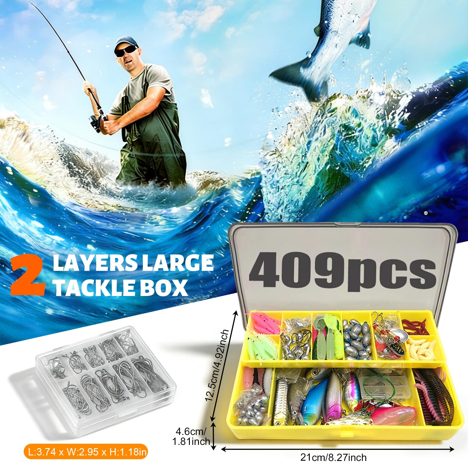 Juego de accesorios de pesca, juego de 367 señuelos de pesca y juego de herramientas con clips de labios, extractor de gancho, caja de cebo con accesorios, equipo de pesca, cebo para lucio