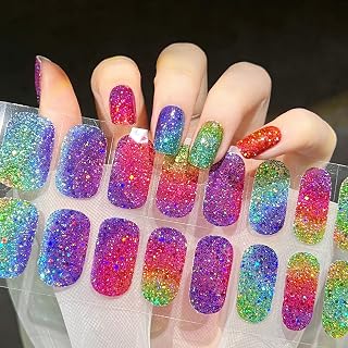 Nail Art Wraps Free Nail Light/Lamp Gel Nail Polish Stickers, Waterproof Long Lasting Nail Strips (Glitter Color Sequins)