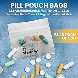 Pill Pouch Bags - (Pack of 500) 3 x 2.75 - BPA Free, Poly Bag Disposable Zipper Pills Baggies, Daily AM PM Travel Medicine Organizer Storage Pouches, Best Clear Reusable with Write-on Labels