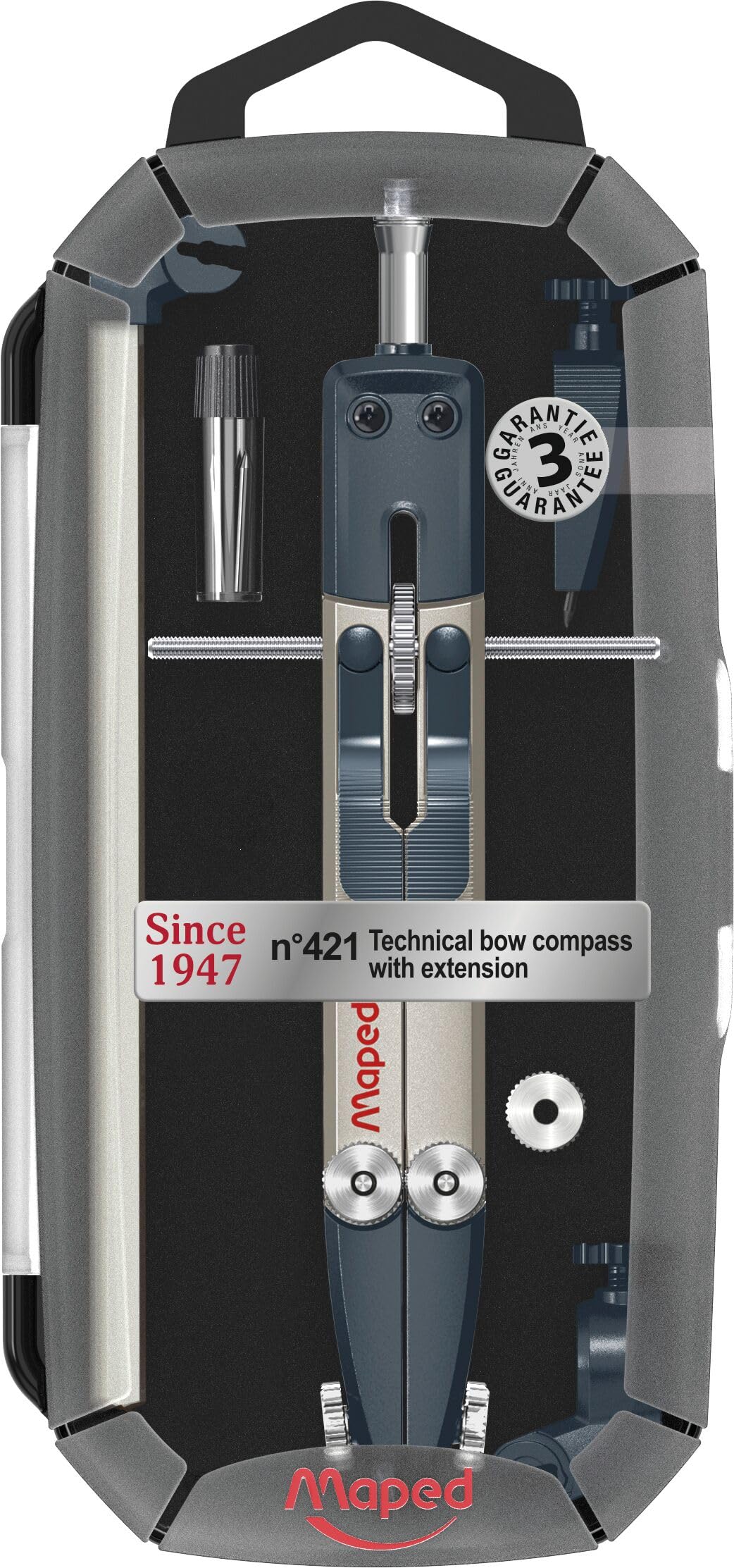 Maped - Technical Metal Compass with Extension N°421 - Quick Adjustment by Lever - Micrometric Screw - Range Since 1947 - Precision & Robustness - Box Included - 3-Year Warranty