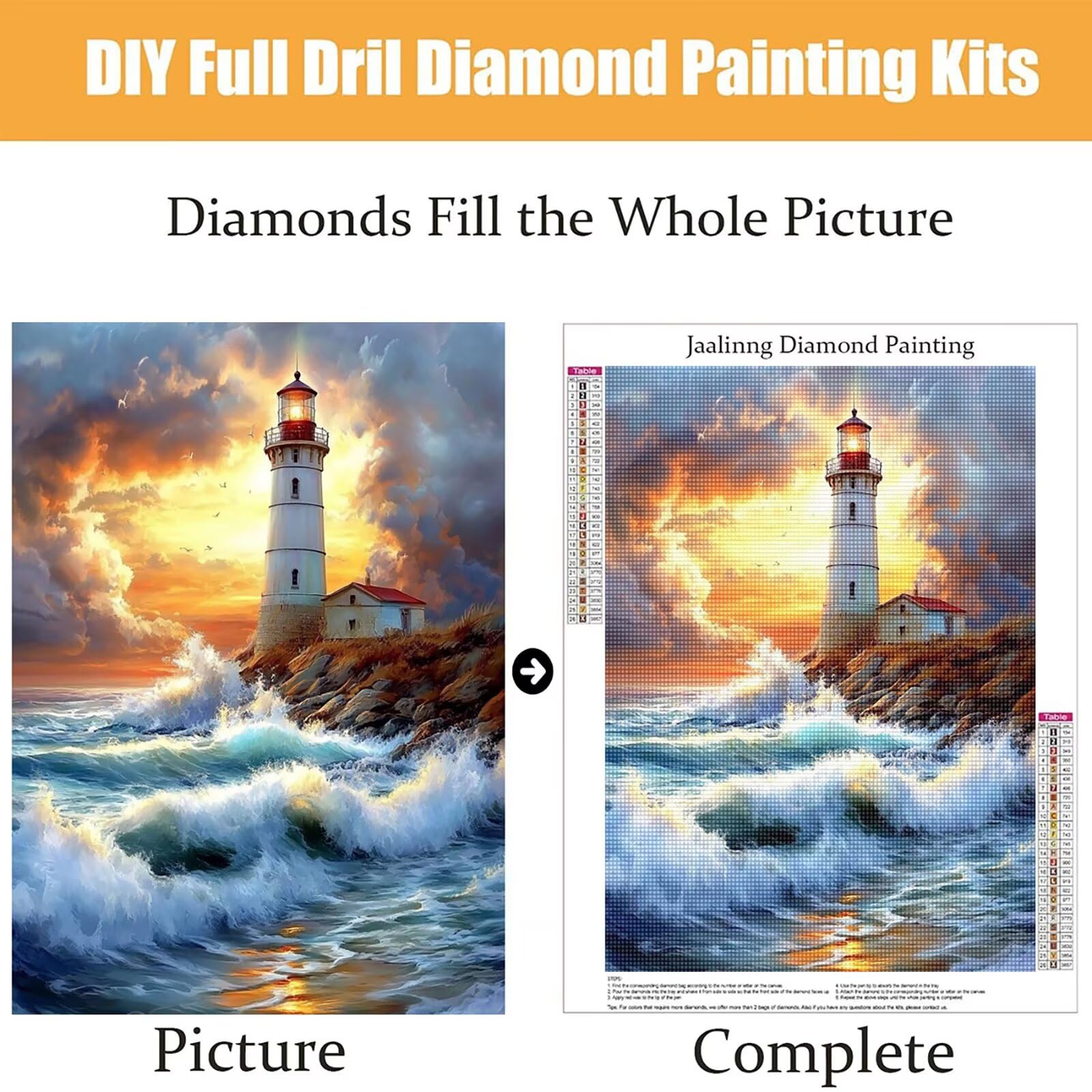 Diamond Painting Kit Completo, Diamond Painting Faro, 5D Quadrato Pittura Diamante Kit Manualidades Adultos DIY Diamantini Crystal Art Disegni Ricamo Punto Croce Artigianale, 90x120cm Spiaggia j0-801