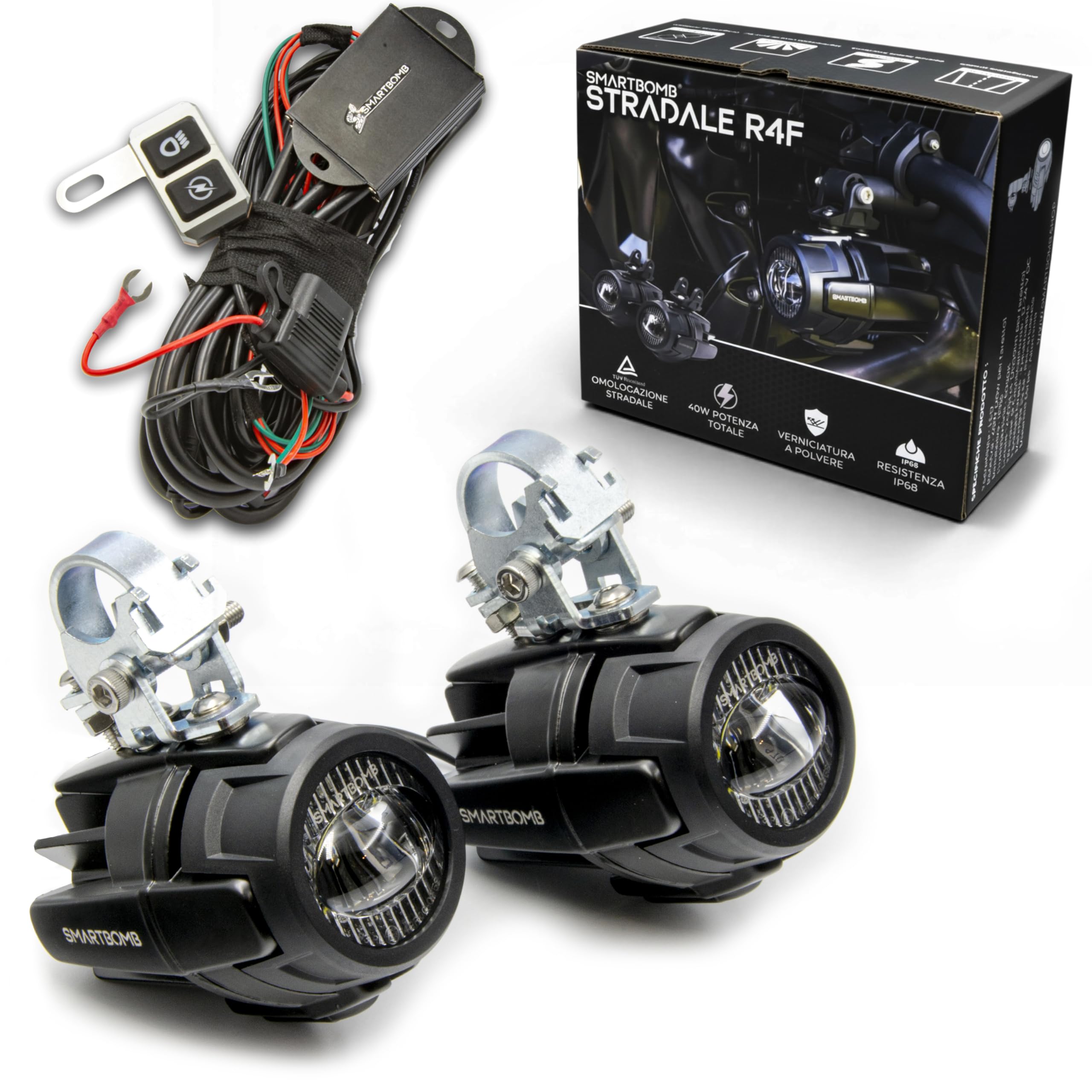 Smartbomb FARETTI SUPPLEMENTARI FLOOD ANTINEBBIA 40W LED Omologati europa strada pubblica certificato tuv r4f stradale cablaggio premium doppio pulsante ip68