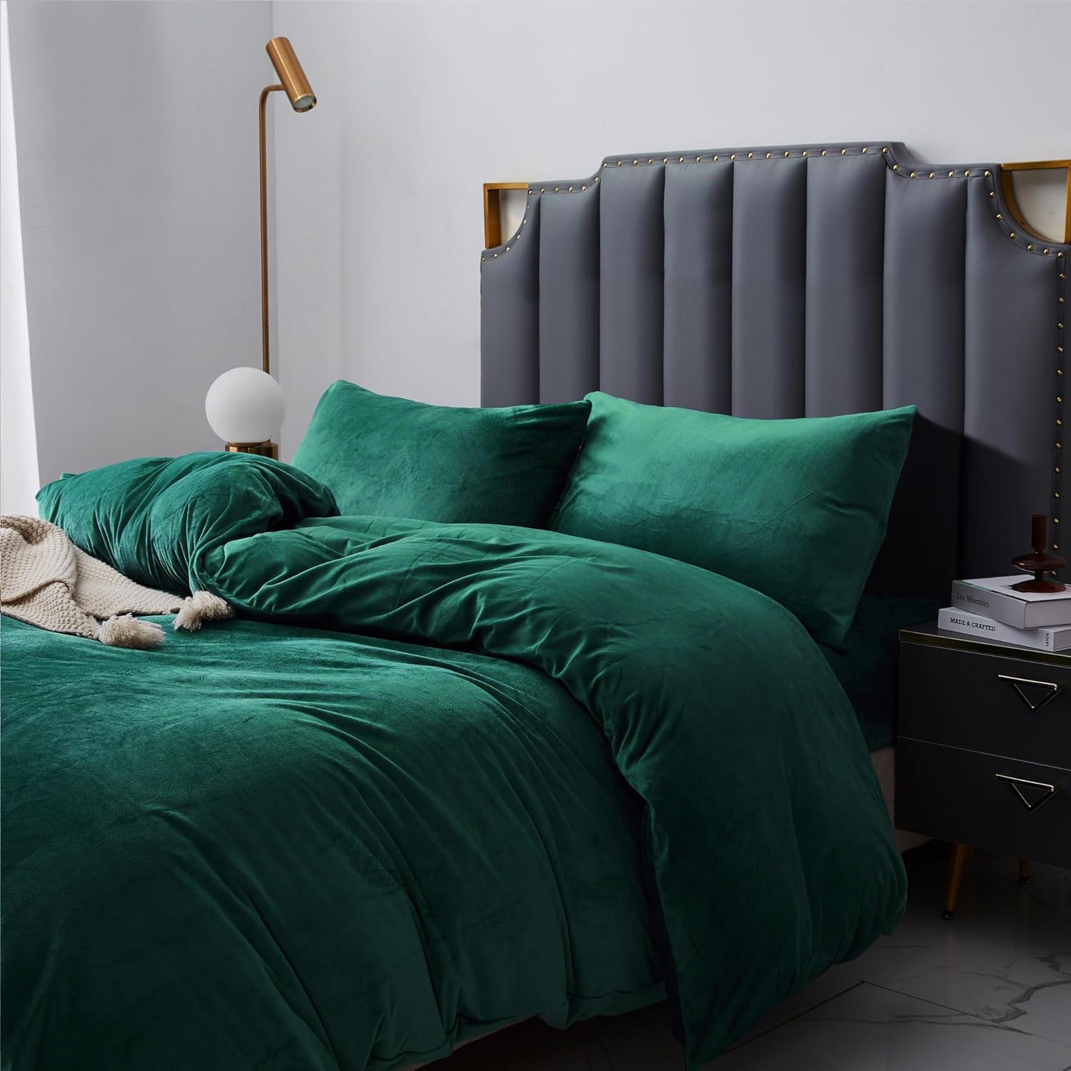 Crystal Velvet King Duvet Cover Set Dark Green, Soft Warm Flannel Comforter Cover King Size for Fall Winter Spring, 3 Pieces Luxury Fluffy Silky Velour Bedding Duvet Cover 104" x 90"