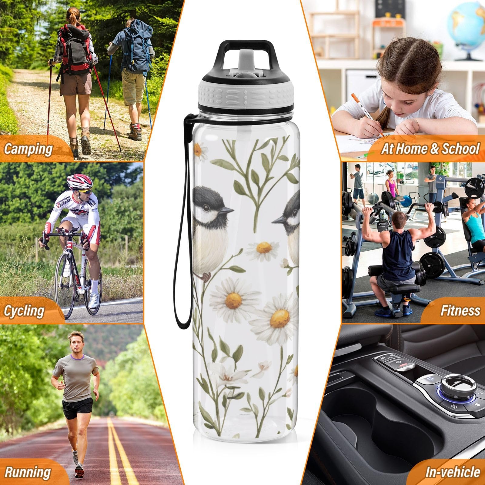 Chickadee Birds Wasserflasche, 900 ml, transparentes Tritan, BPA-frei, auslaufsicher, mit Tragegurt, für Sport, Fitnessstudio und Outdoor-Aktivitäten