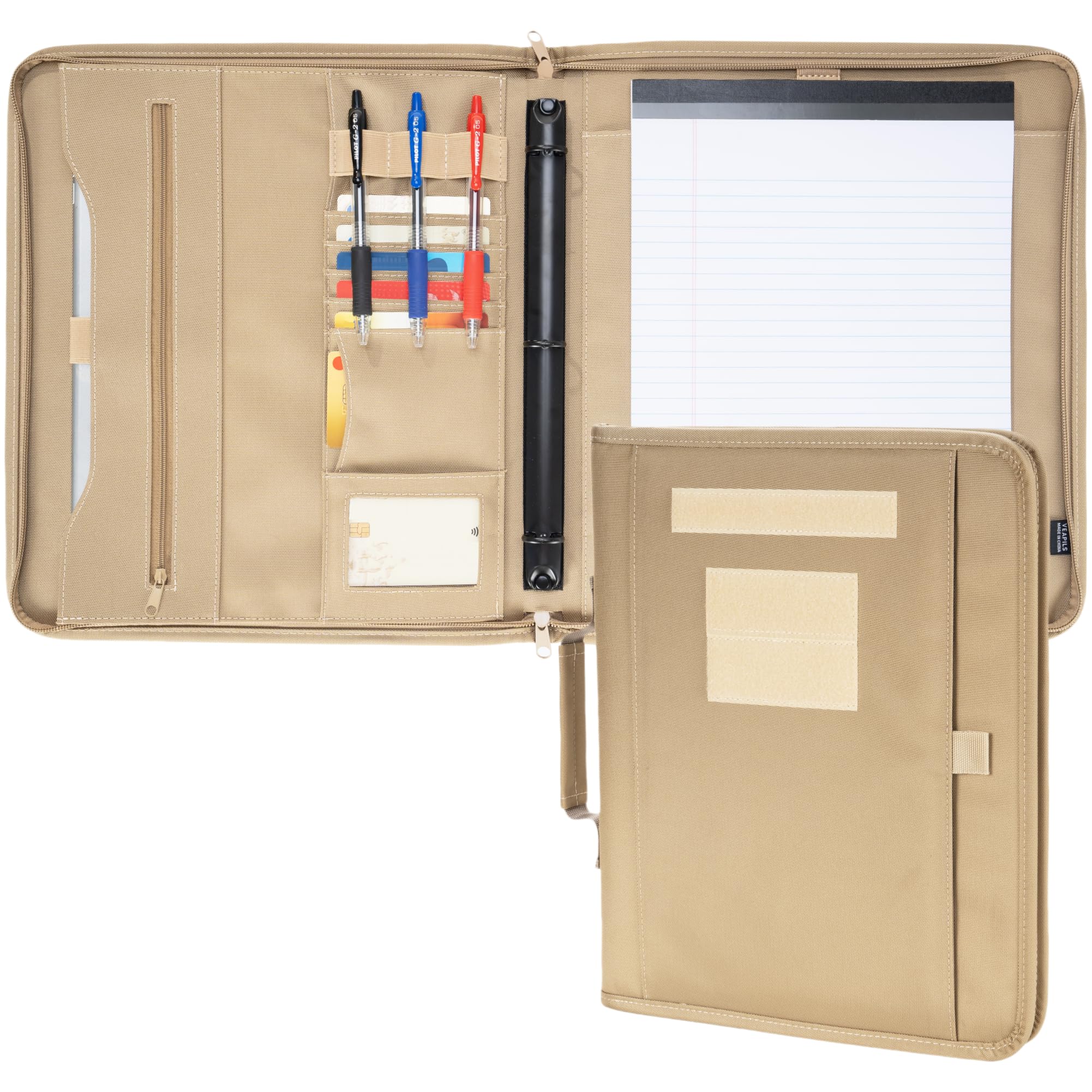 Raccoglitore tattico con cerniera, grande organizer tattico staccabile per uomini o donne, ricaricabile, 3 anelli, copertina militare con blocco legale per cartelle A4, raccoglitore tattico