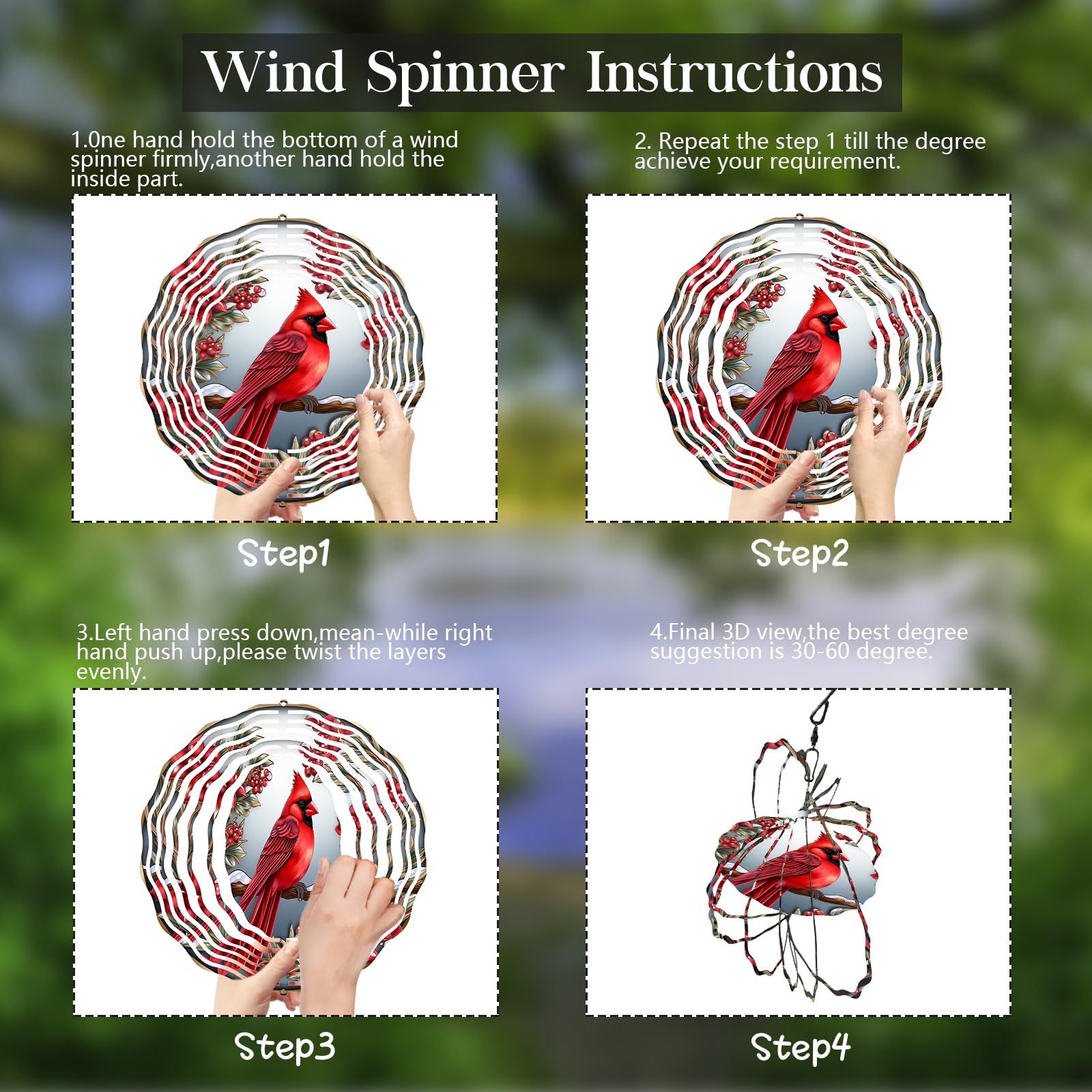 Molinillo de viento cardenal, spinner de pájaros 3D con acebo para patio y jardín, girador de viento de acero 3D para exteriores, 10 pulgadas, esculturas de viento de Navidad 3D
