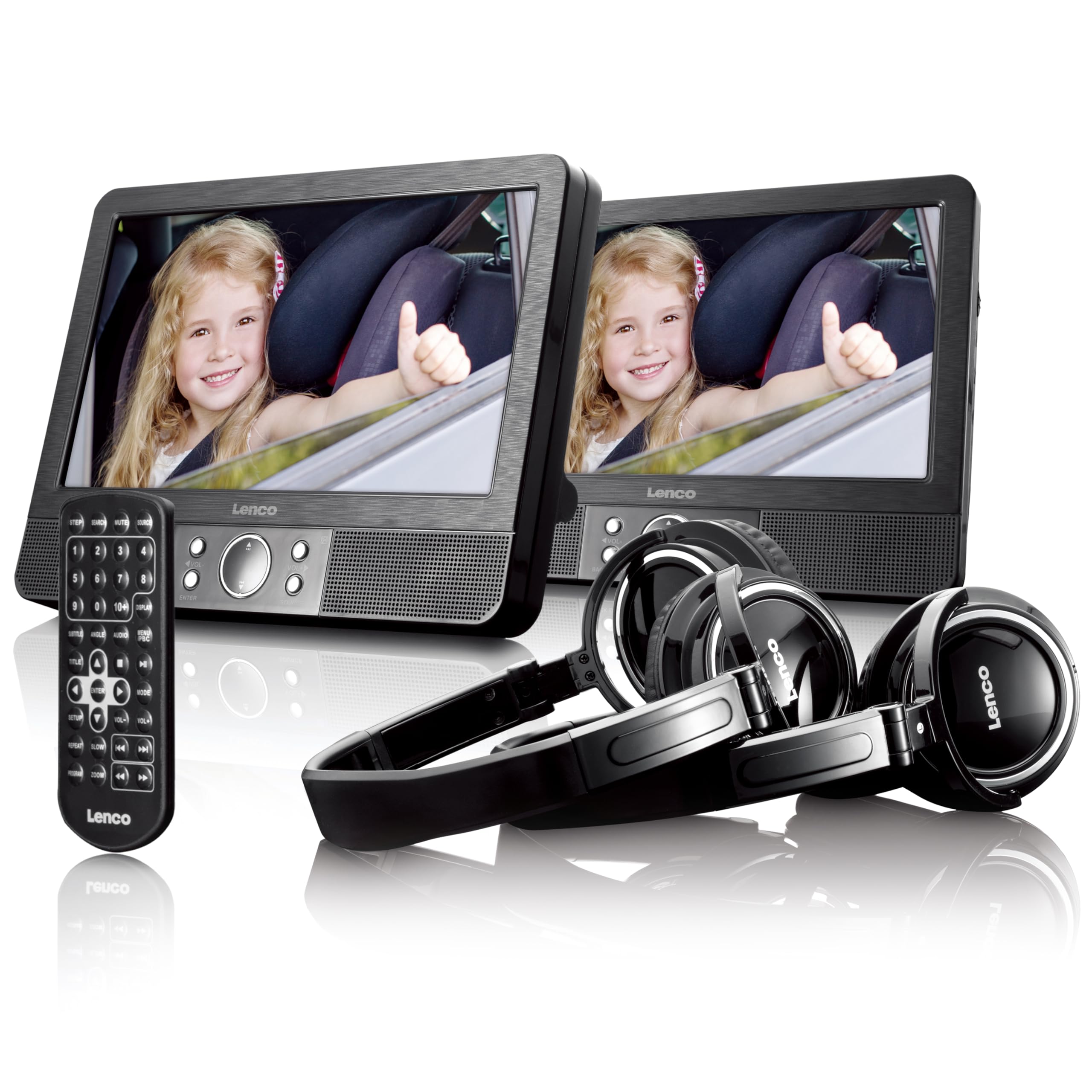 Lenco 9-Zoll Tragbarer DVD-Player MES-415 mit Doppel-Bildschirm - USB und SD Anschluss - 12 Volt Kfz Adapter - Fernbedienung - 2 x Kopfstützenbefestigung - 2 x Kopfhörer - Schwarz