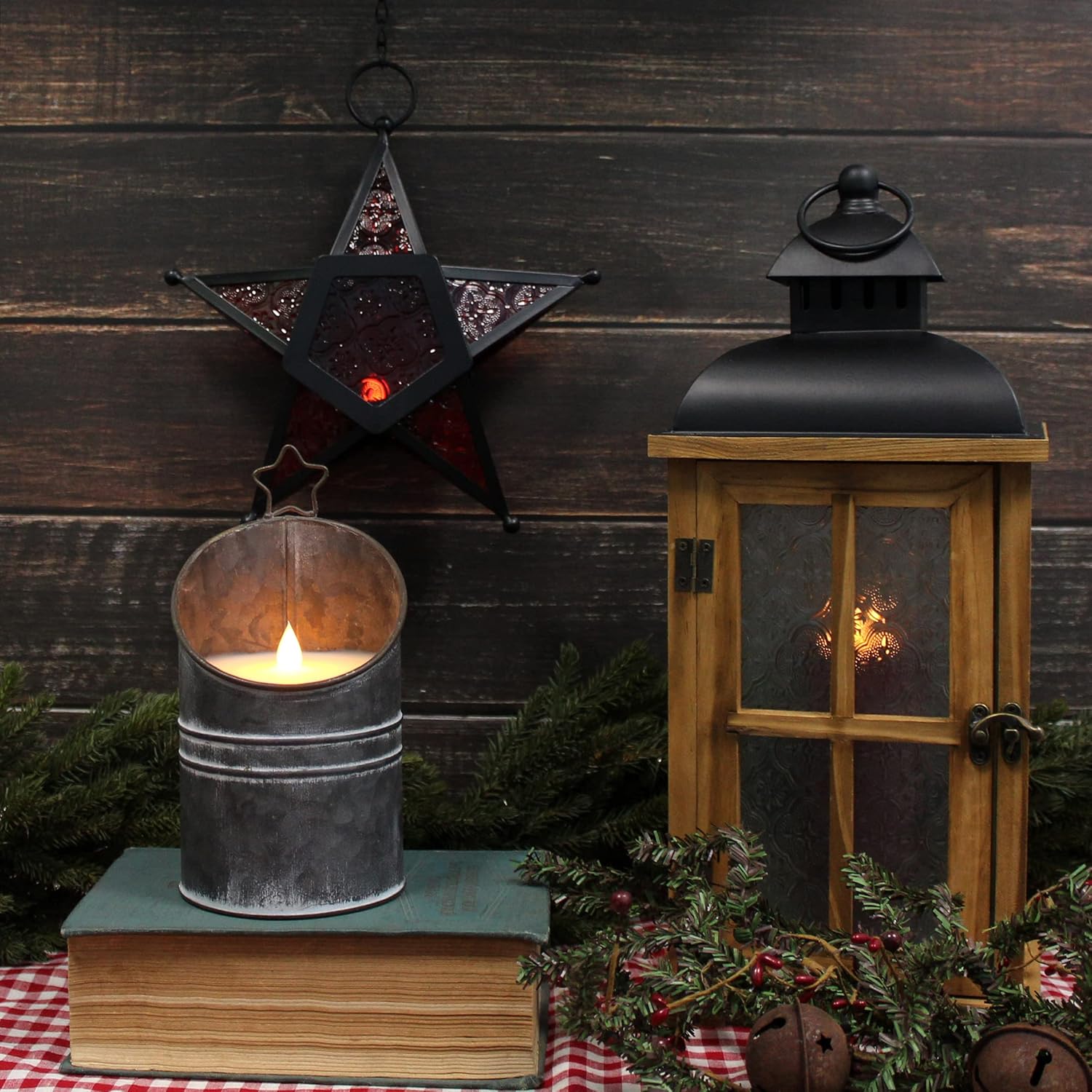CVHOMEDECO. Vintage Galvanized Can Flameless LED Candle, Real Wax in Antique Galvanized Jar Flickering Candle with Remote Control for Tabletop Wall Decor. H 8 Inch