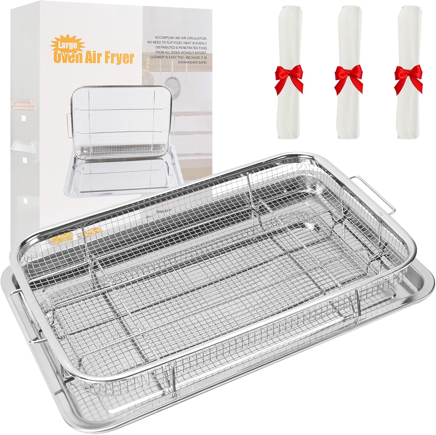 Air Fryer Basket for Oven, 15.5"x 11.6" Air Fryer Tray and Pan with 100 PCS Parchment Papers, Stainless Steel Non-stick Oven Air Fryer Basket for Cooking Baking and Crispy Foods