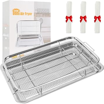 Air Fryer Basket for Oven, 15.5"x 11.6" Air Fryer Tray and Pan with 100 PCS Parchment Papers, Stainless Steel Non-stick Oven Air Fryer Basket for Cooking Baking and Crispy Foods