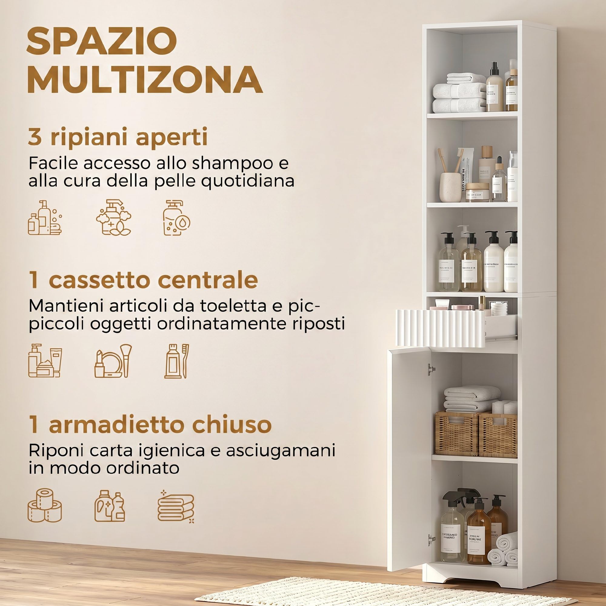HOMCOM Mobile Bagno Alto 172cm, Armadio con Cassetto 33x30x172 cm Bianco | Mobiletto Bagno Salvaspazio, Ripiano Regolabile, Ante Soft Close, Scomparto Aperto, per Lavanderia