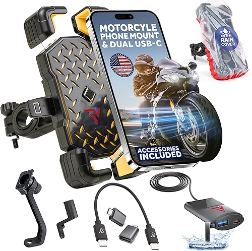 Soporte de teléfono para motocicleta con cargador dual USB-C de 12 V para teléfono celular, accesorios de ciclo deportivo de TV, soporte de teléfono