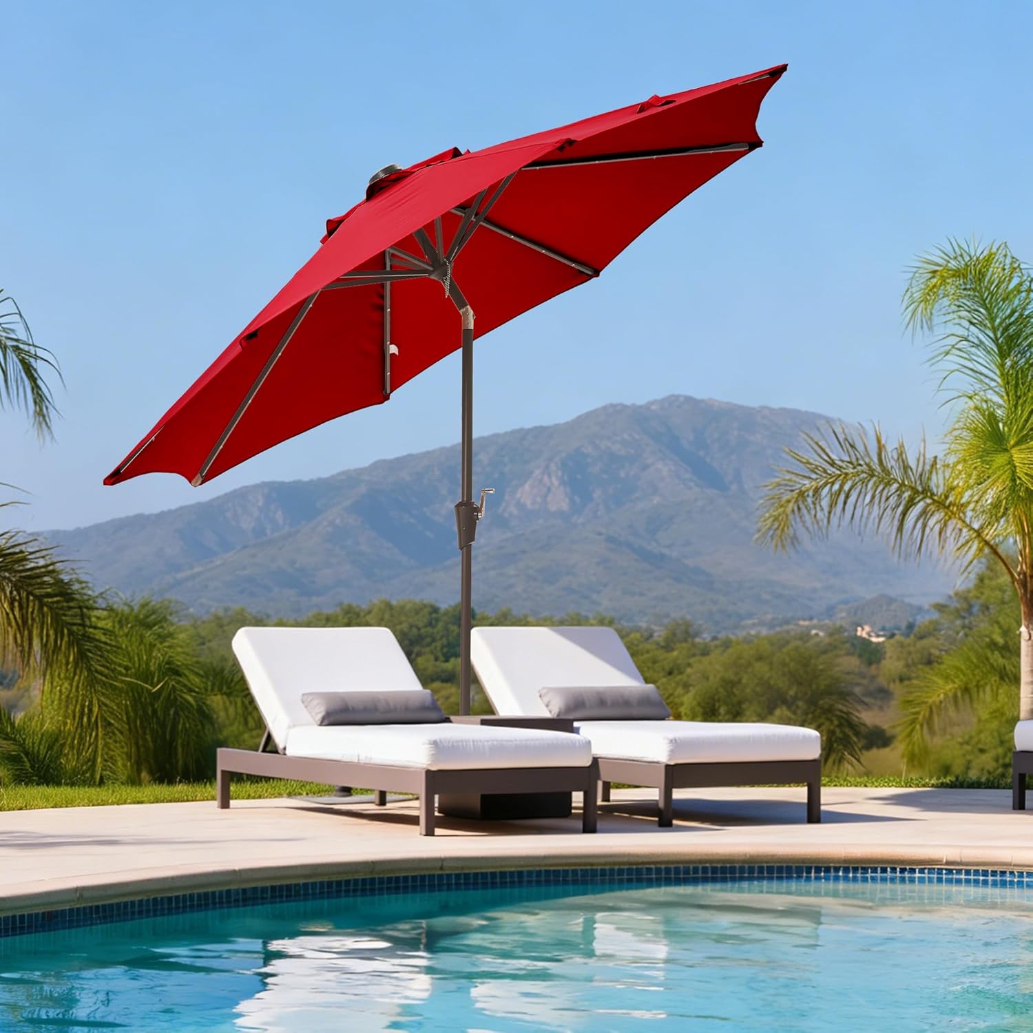 9FT Solar-Powered LED Patio Umbrella with Tilt Crank,Outdoor Market Umbrella with 32 Lights,Sunshade for Deck, Garden and Pool