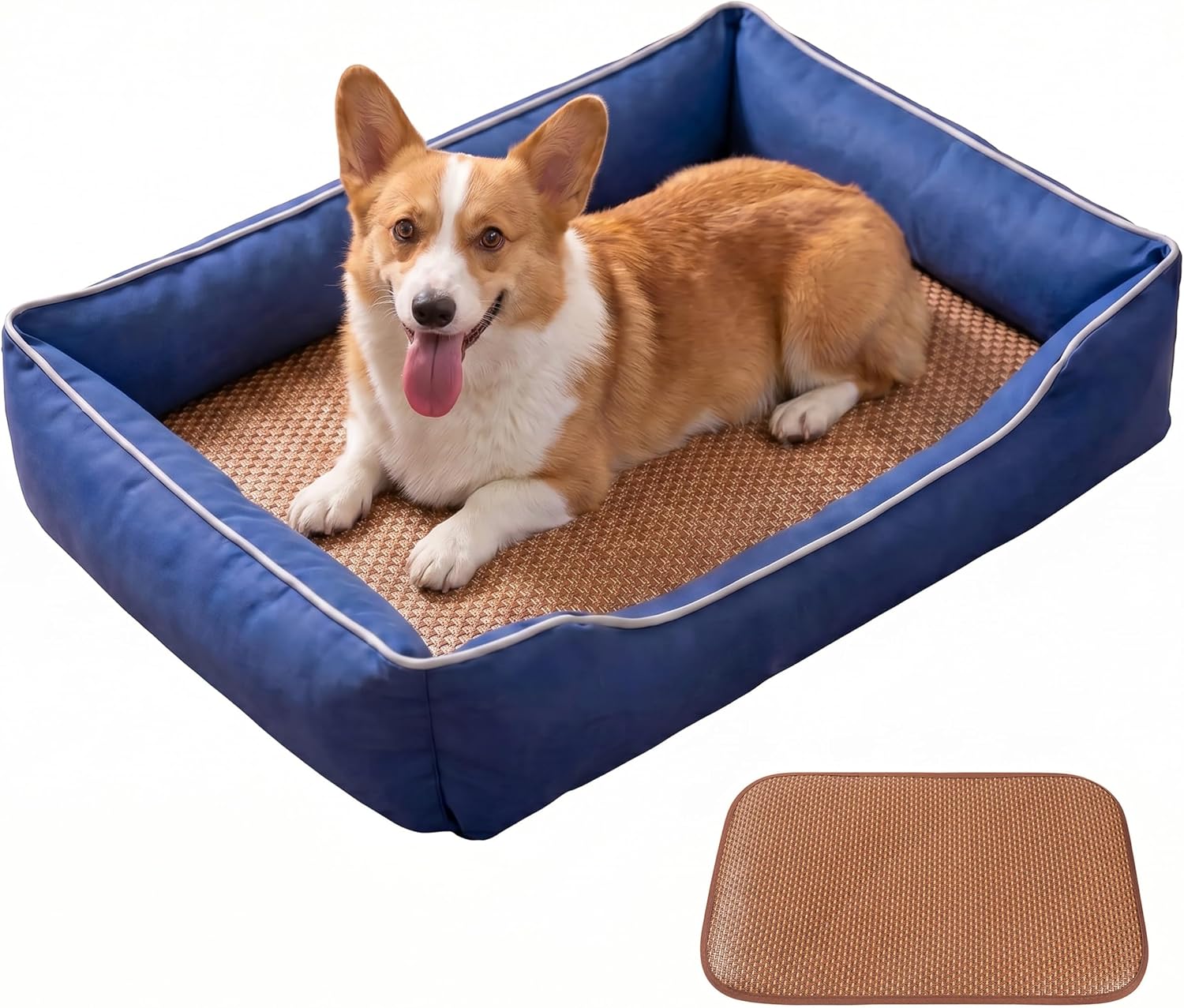 Den&Den Orthopedic Dog Bed with Sides — Cooling Gel Mat Included, 600D Oxford Waterproof Pet Sofa, Bolster Support Couch Bed with Non-Slip Bottom, Blue, L 33″