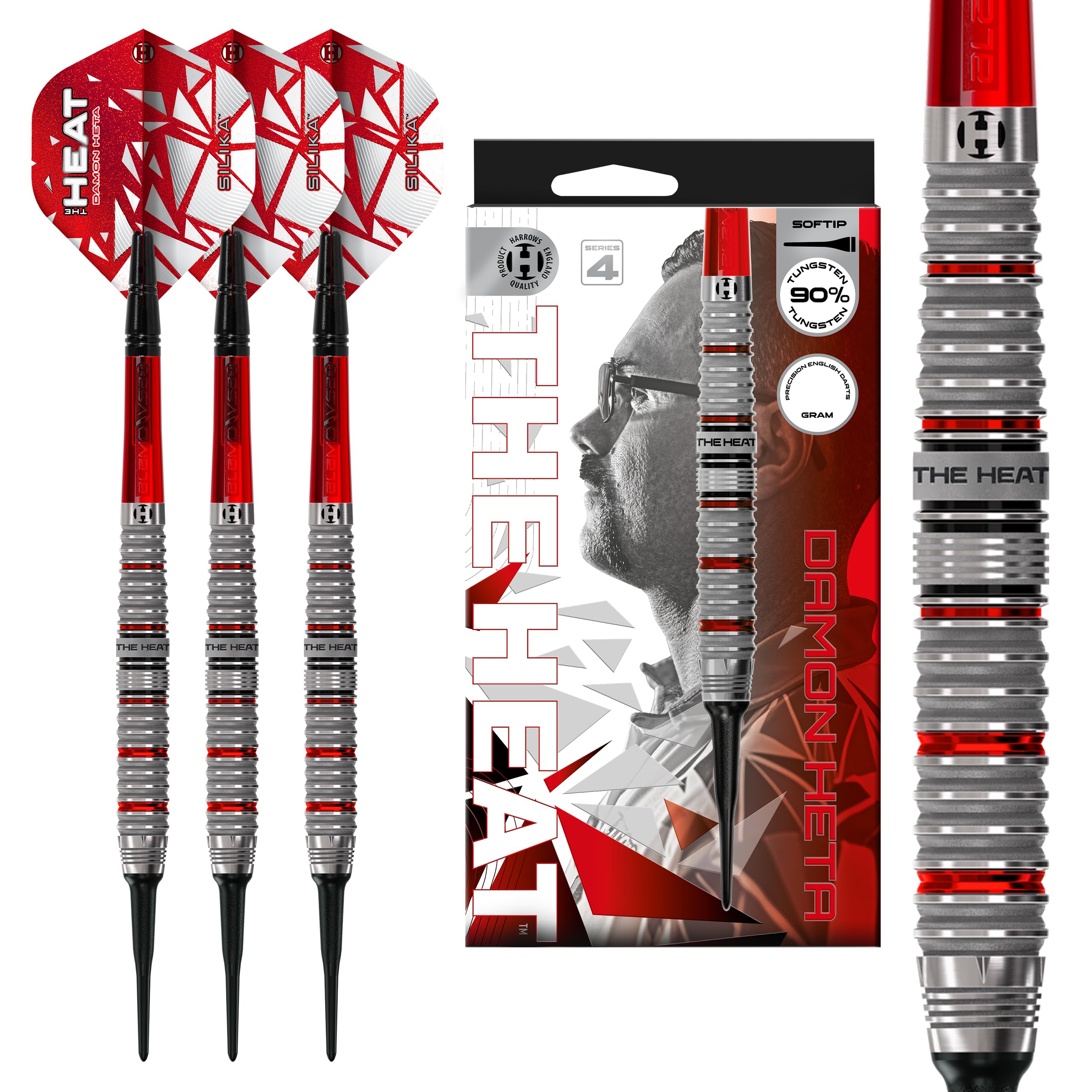 Harrows Damon Heta 90% Tungsten Darts Series 4, Softtip Darts Set Available in 18g & 20g with Alamo VS2 Shafts & Silica Flights, Professional Player Inspired Design for Electronic Dartboards
