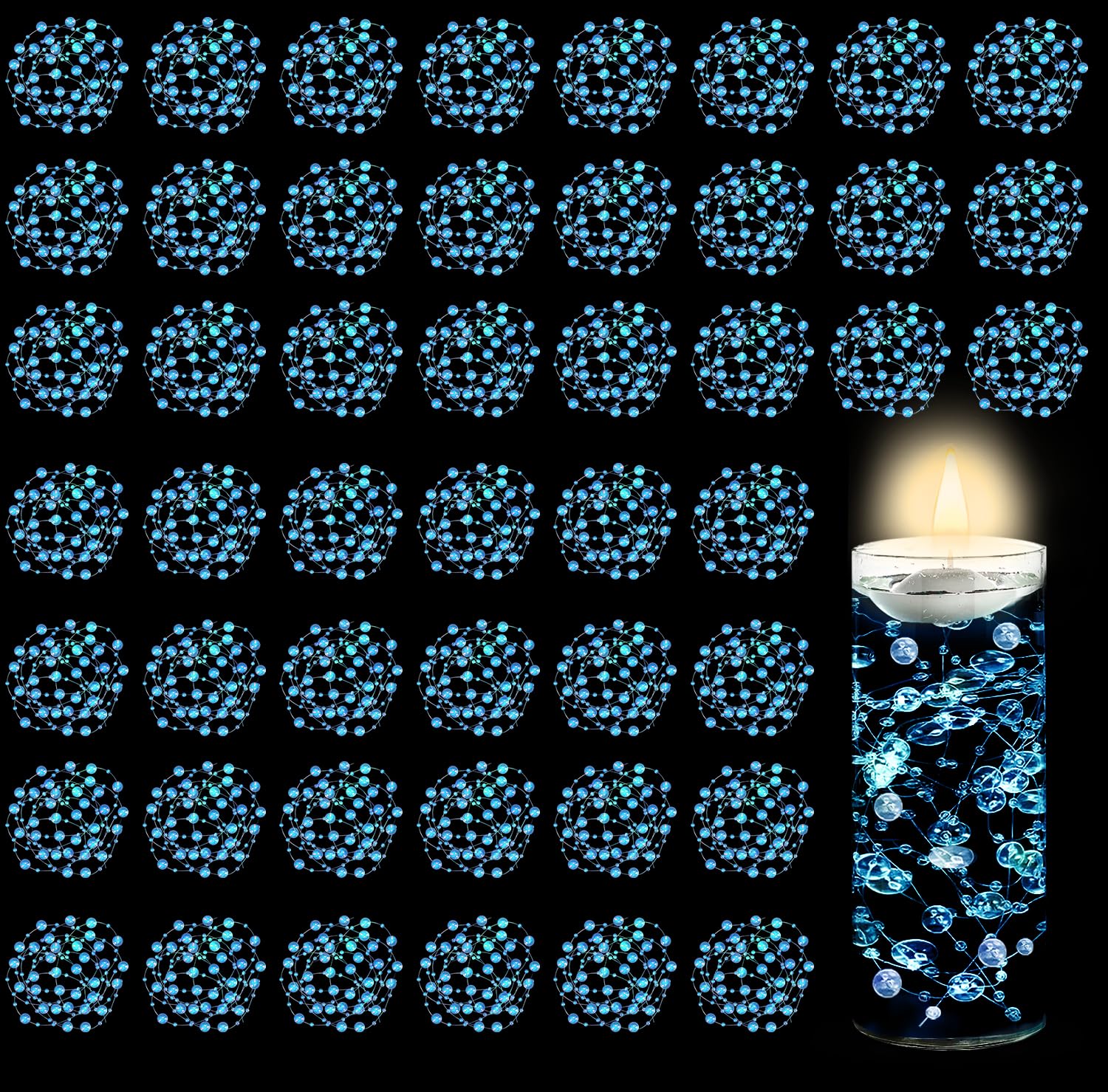 50 PCS Artificial Floating Beads for Centerpieces & Vase Fillers - Transparently BlueAB 8+3mm String Beads, Faux Pearl Strings for Wedding, Party,