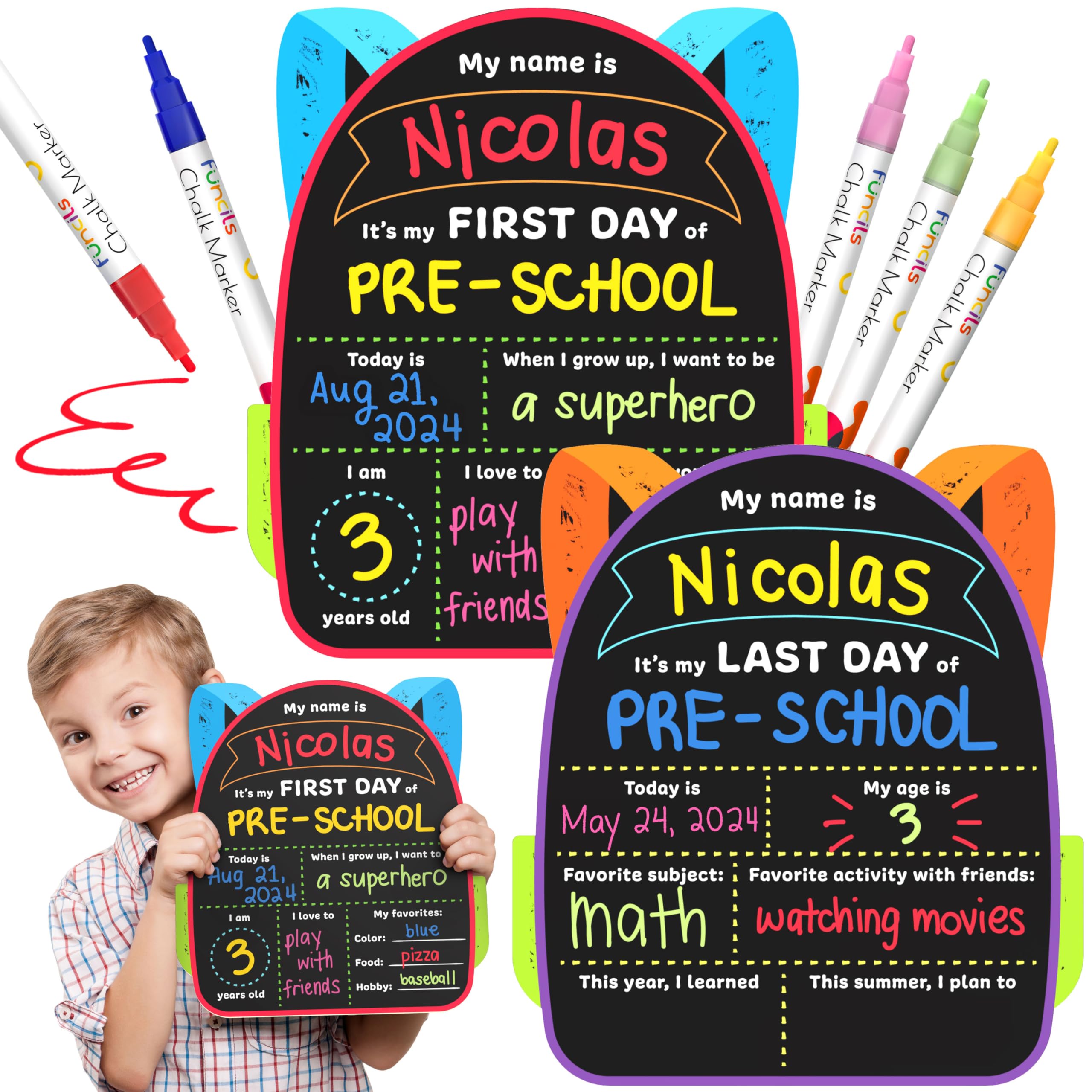 Last Day of School Sign (11 x 13") - My First Day of School Board for Kids, First and Last Day of School Board, First Day of School Sign | Preschool, Kindergarten Supplies + 5 Chalkboard Chalk Markers