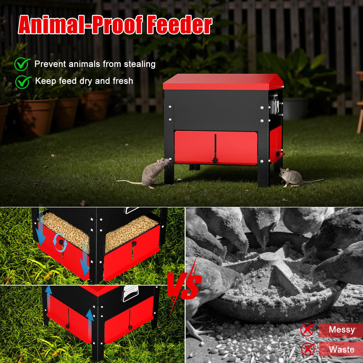 Comedero automático de pollo de 100 libras, acero galvanizado, resistente a la intemperie y tapa segura, comedero de aves de corral de gran capacidad para uso en exteriores, caja de alimentación sin