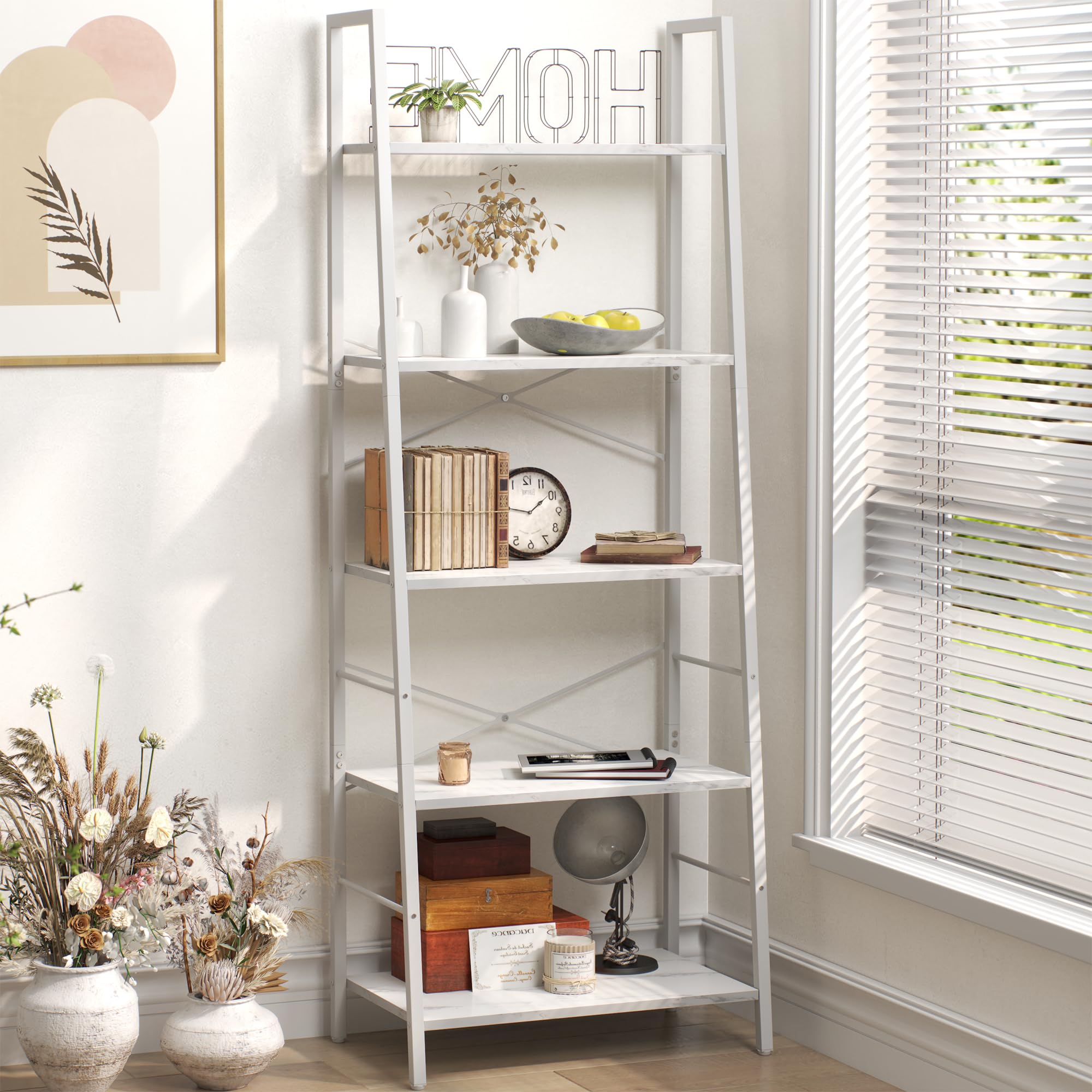Yusong Bookshelf, Ladder Shelf 5 Tier Bookcase for Living Room, Industrial Book Shelves Display Shelf Plant Stand for Bedroom Balcony, White and Marble