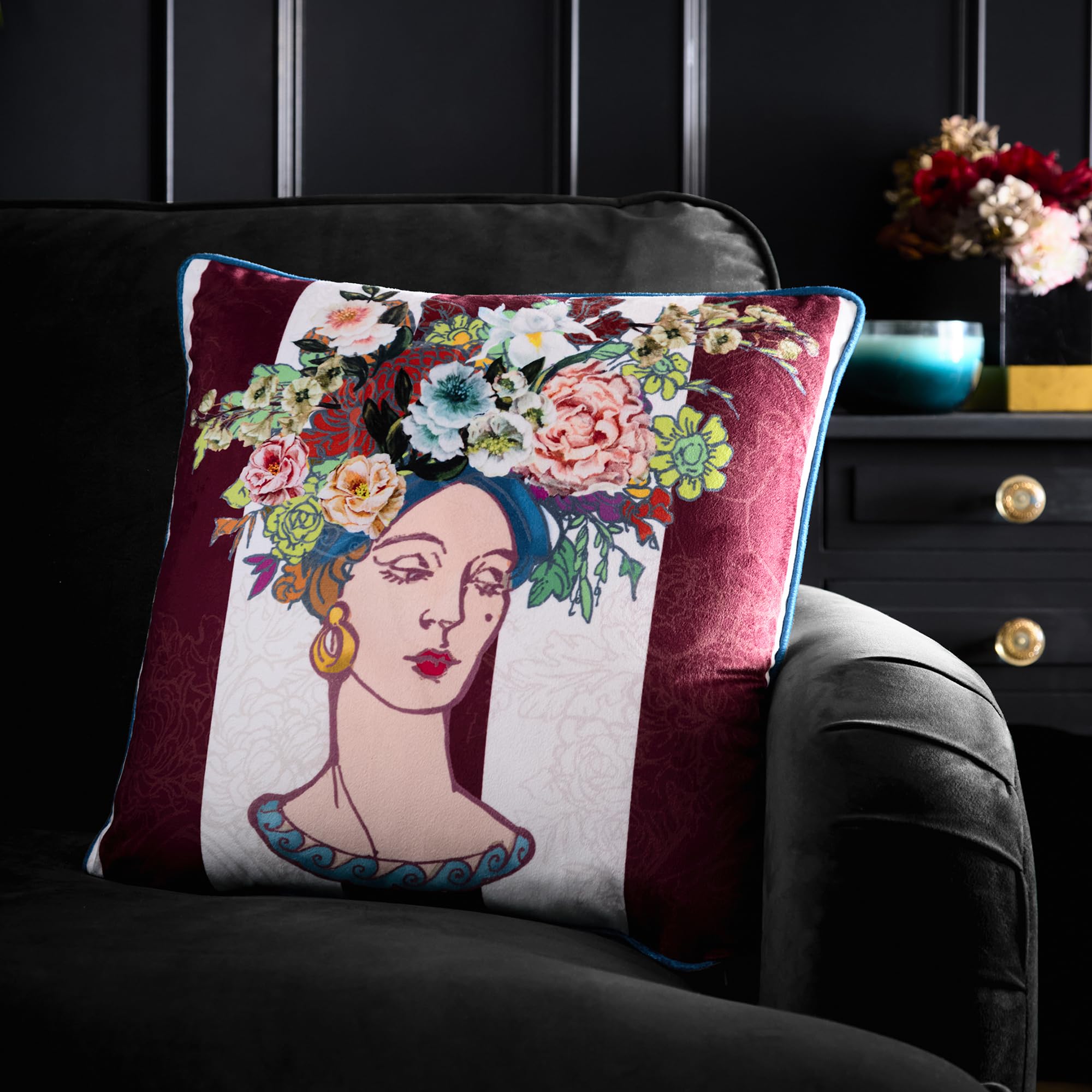 House of Llewelyn-Bowen Bouquet Lady Multi Cushion Cover, 43 x 43cm, Recycled Polyester, Piping Trim