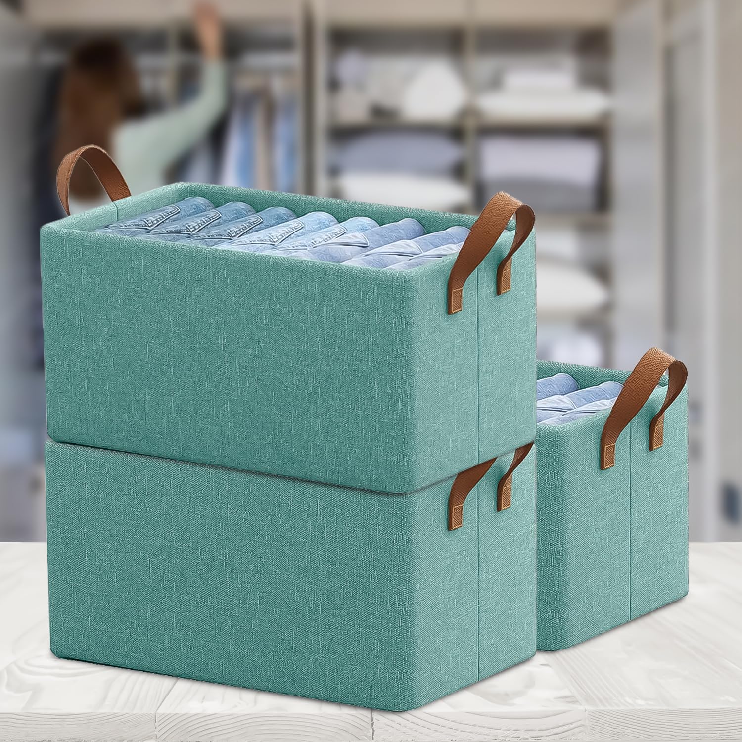 SITTELLA Pack of 3 Foldable Wardrobe Organizer with Durable Handle, Stuff Storage Box Closet Drawer Organizers for Clothes, Toys, Blanket etc. (Green)