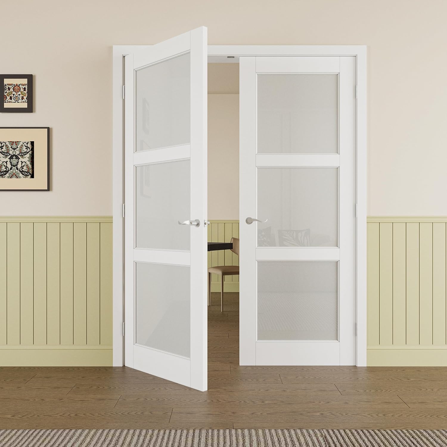 Prehung French Door 64" x 80" (2x32 in), Tempered Frosted Glass Door Slabs with Jamb, Silver Hinges, 4 Levers & Latch, Solid Core Interior Door, Pre-Finished & Paintable, MDF Double Doors Interior