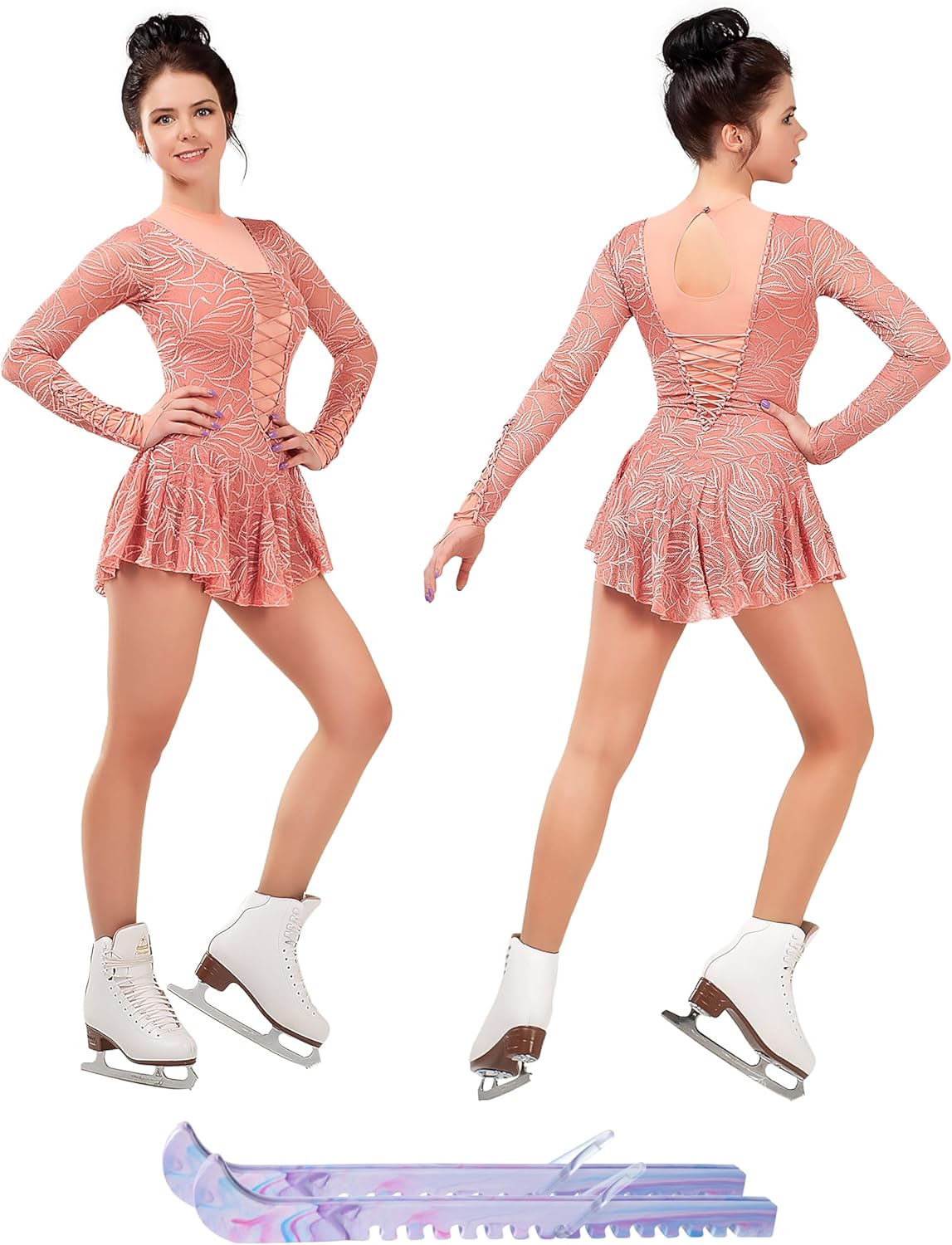 Figure Skating Dress/Bundle with Skate Guards/Italian Fabric, Made in Europe Style: A12 / Pink/Size: X-Small