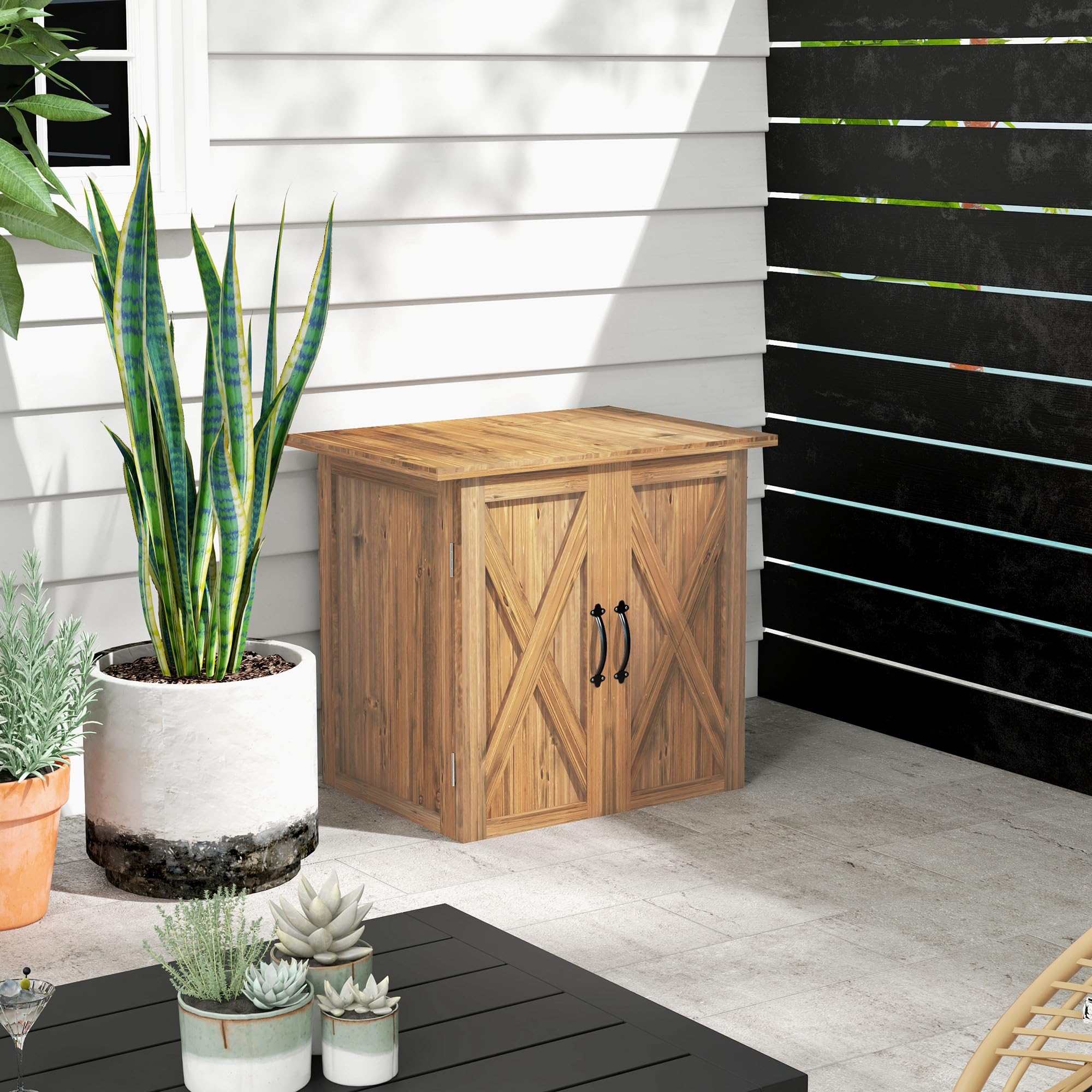 Outsunny Gartenschuppen Holz Geräteschrank Doppeltür 77x55x72 cm Braun