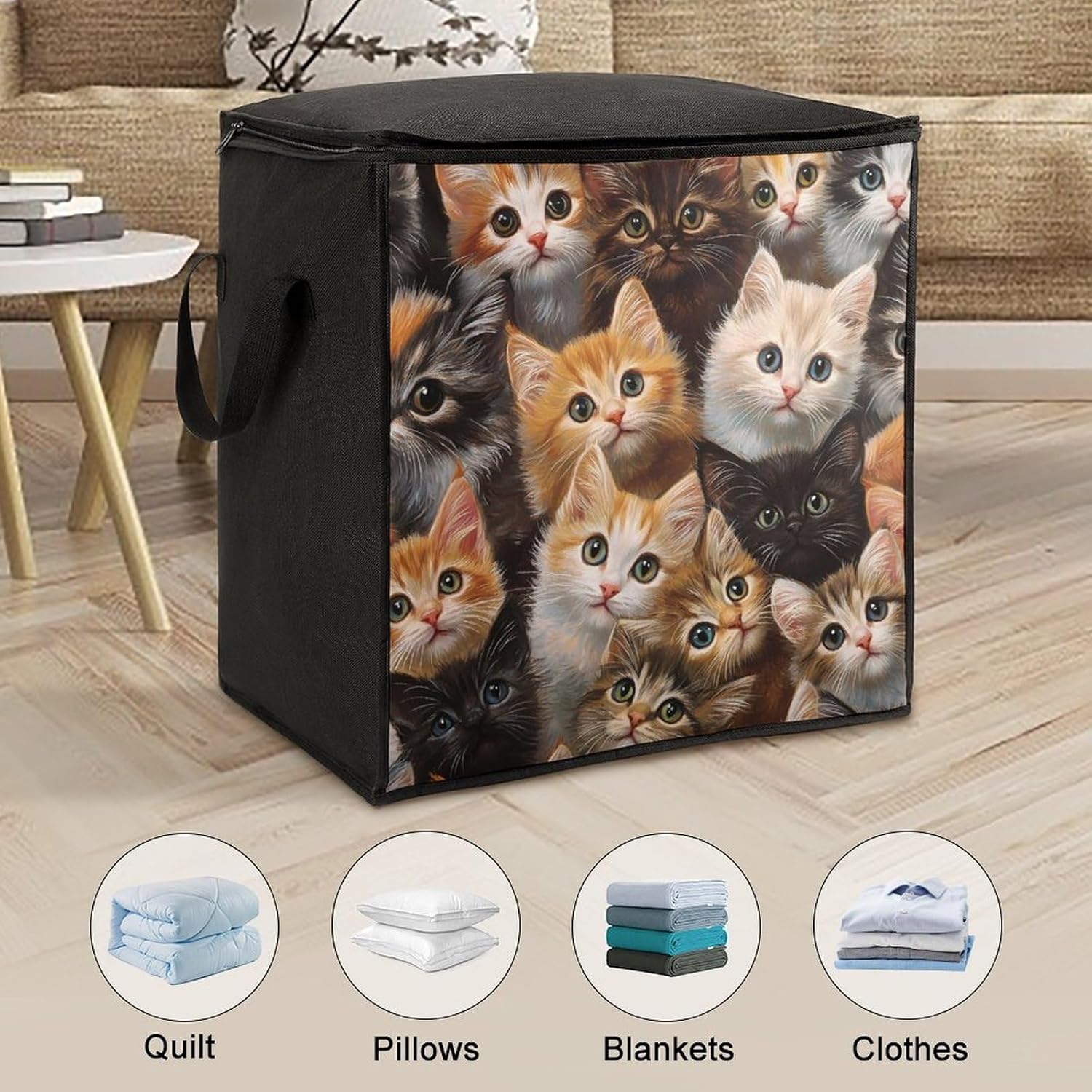Furry Cats Large Comforter Blanket Storage Bags Bins 70L Closet Organizer with Handles