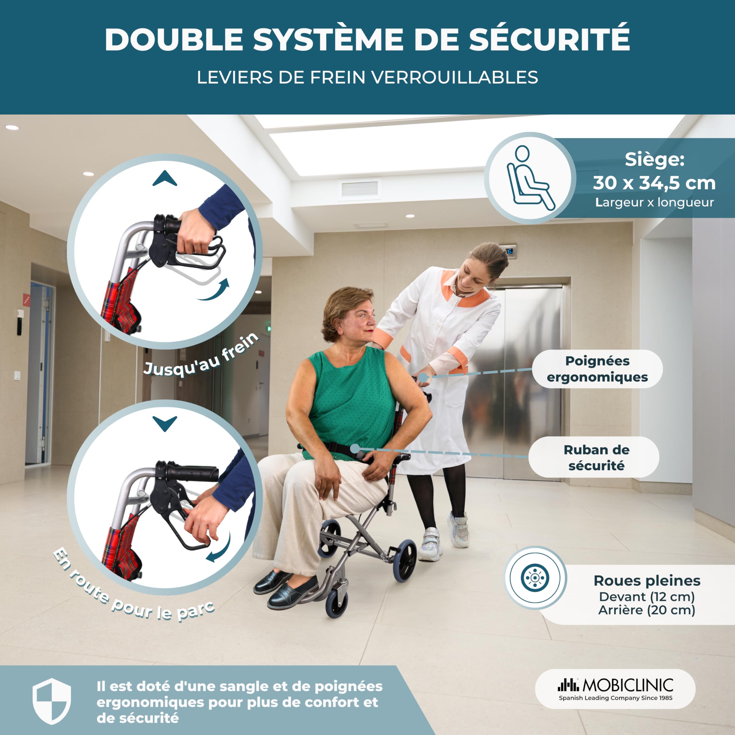 Mobiclinic, Fauteuil roulant Transit, modèle Neptuno, Aluminium, Pliant, Frein sur poignées, Marque européenne, Repose-pieds pliants, Accoudoirs pliants, Léger, Ceinture de sécurité