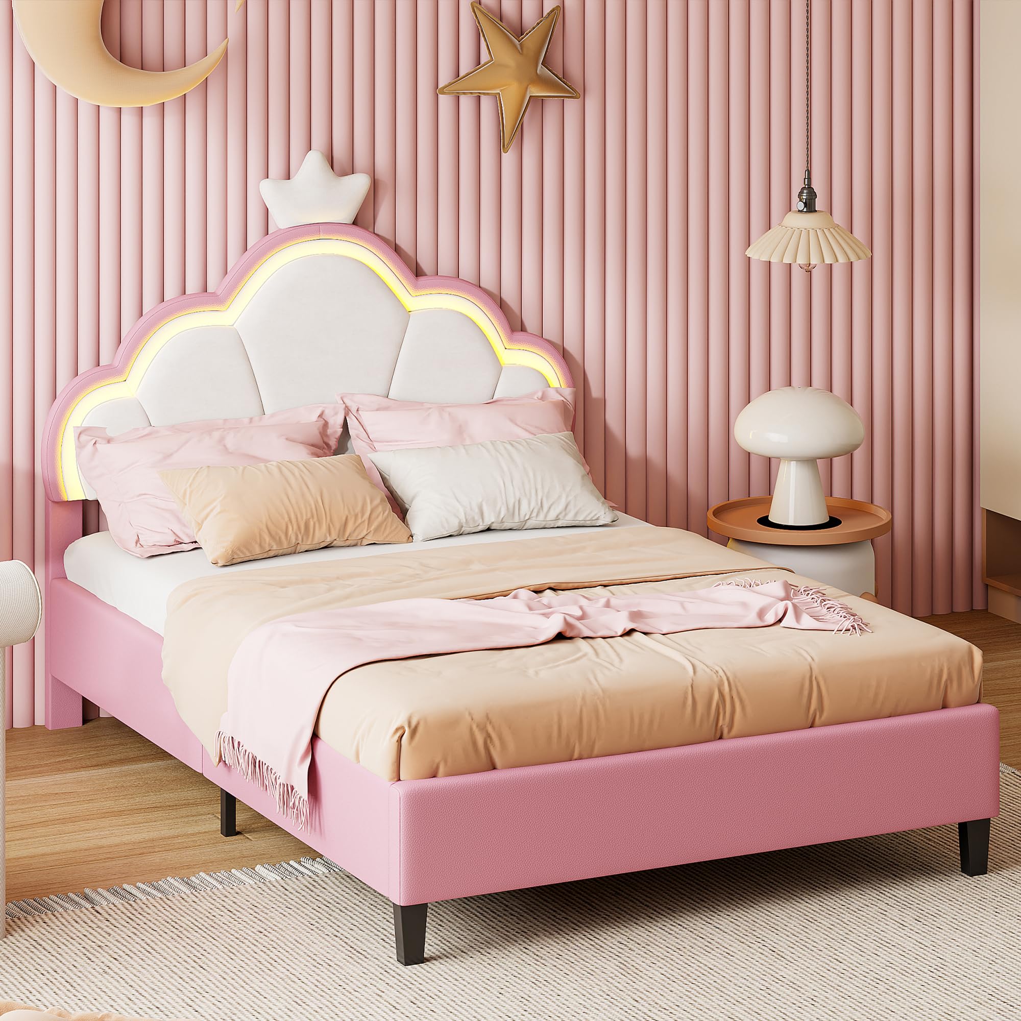 LIVLUX Cama acolchada, 140 x 200 cm, cama de princesa con cabecero LED ajustable y somier, para niñas, diseño de corona, para niños y adolescentes, terciopelo (Rosa, 140 x 200 cm)