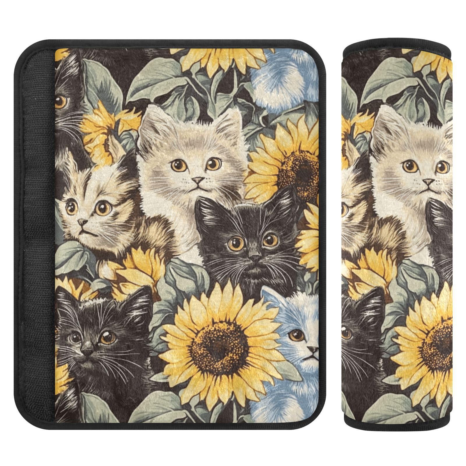 Seat Belt Covers 2 Pack Cute Cats Sunflowers Car Seat Strap Covers Super Soft Funny Car Seat Neck Cover for Boys Girls Adults Babies M