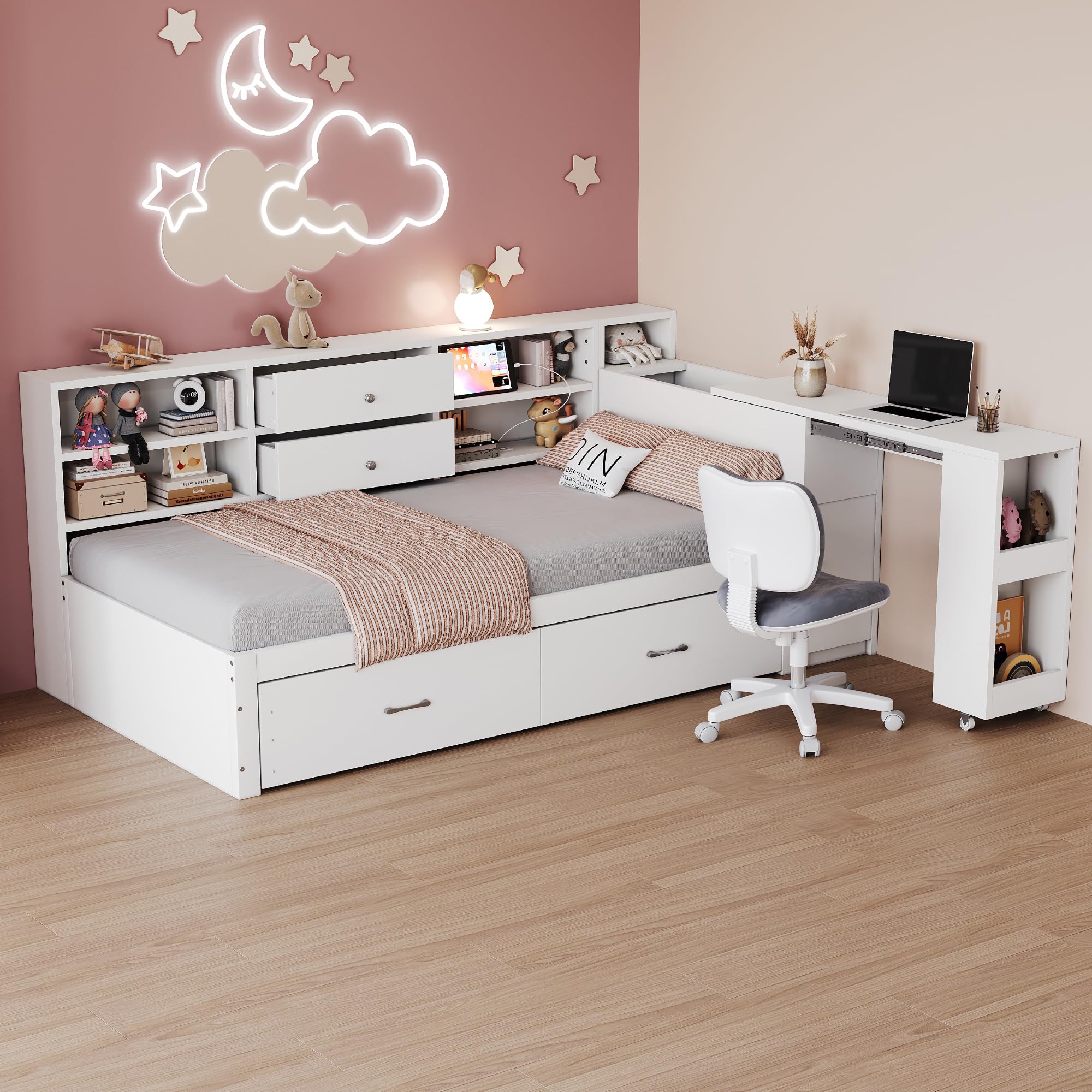 NNJN Hoogslaper, ijzeren frame, opbergvak, 4 laden, rooster voor het ophangen van voorwerpen, met led-lichtstrip, bureau, trapconstructies met opbergruimte, zonder matras (zwart, 140 x 200 cm