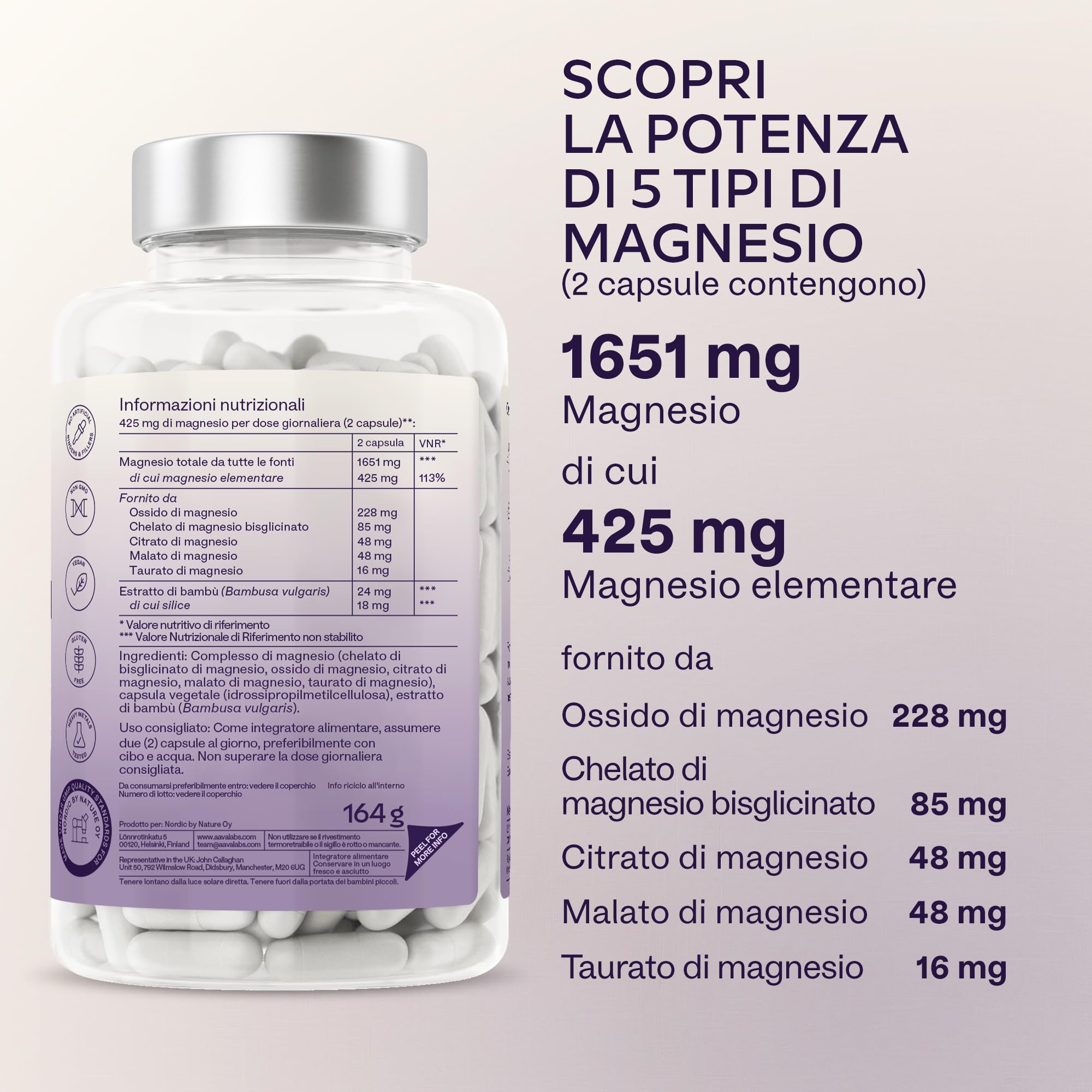 Magnesio Completo 1651mg | 5 Fonti di Magnesio: Citrato, Bisglicinato (Glicinato), Malato, Taurato, Ossido - 425mg Mg Elementare - Integratori Stanchezza - Integratore Donna e Uomo - 180 Capsule