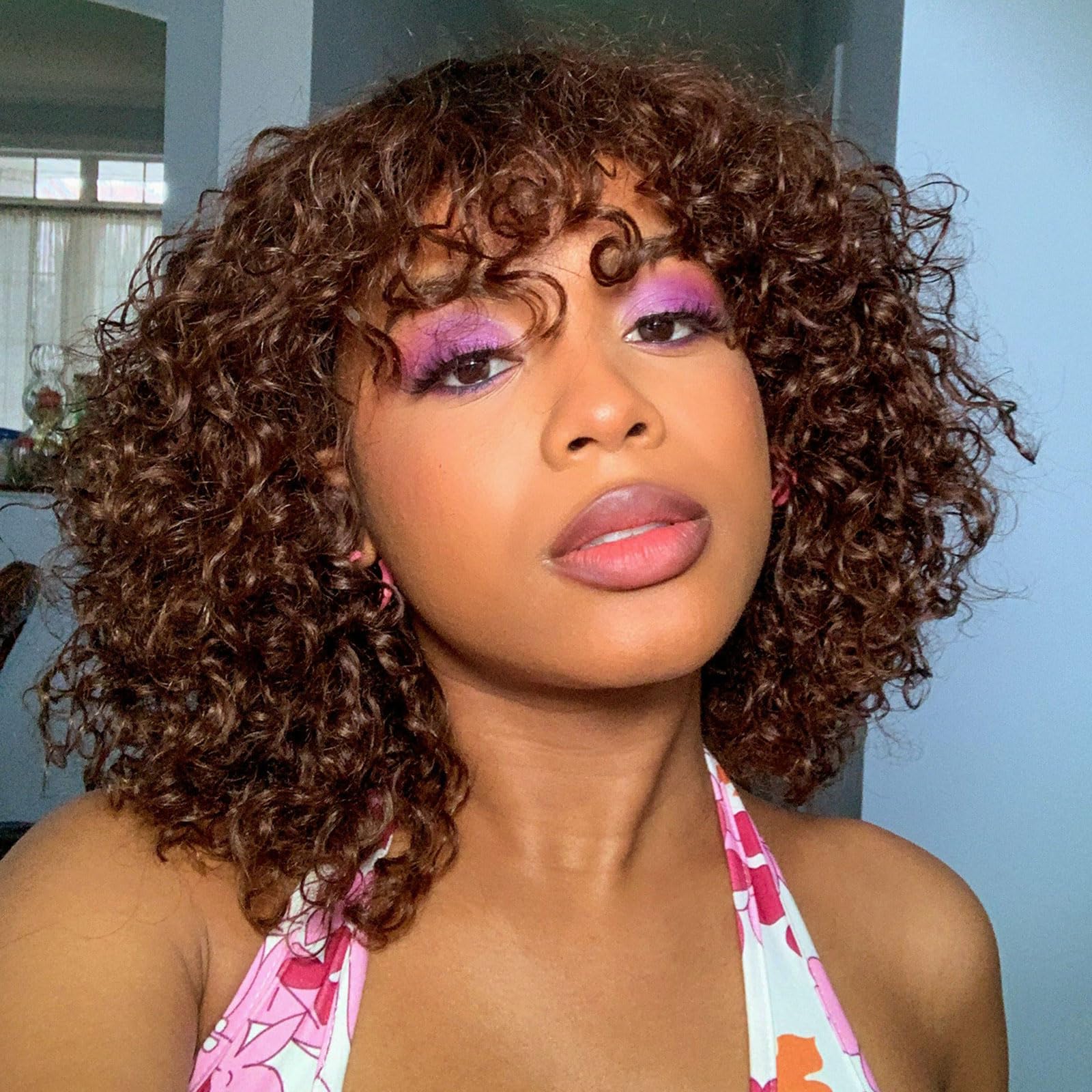 DÉBUT Ombre Auburn Brown Short Curly Bob Wigs 100% Human Hair with Bangs 10 Inches Water Wave Glueless Wear and Go Bang Wigs 150% Density Dark Roots
