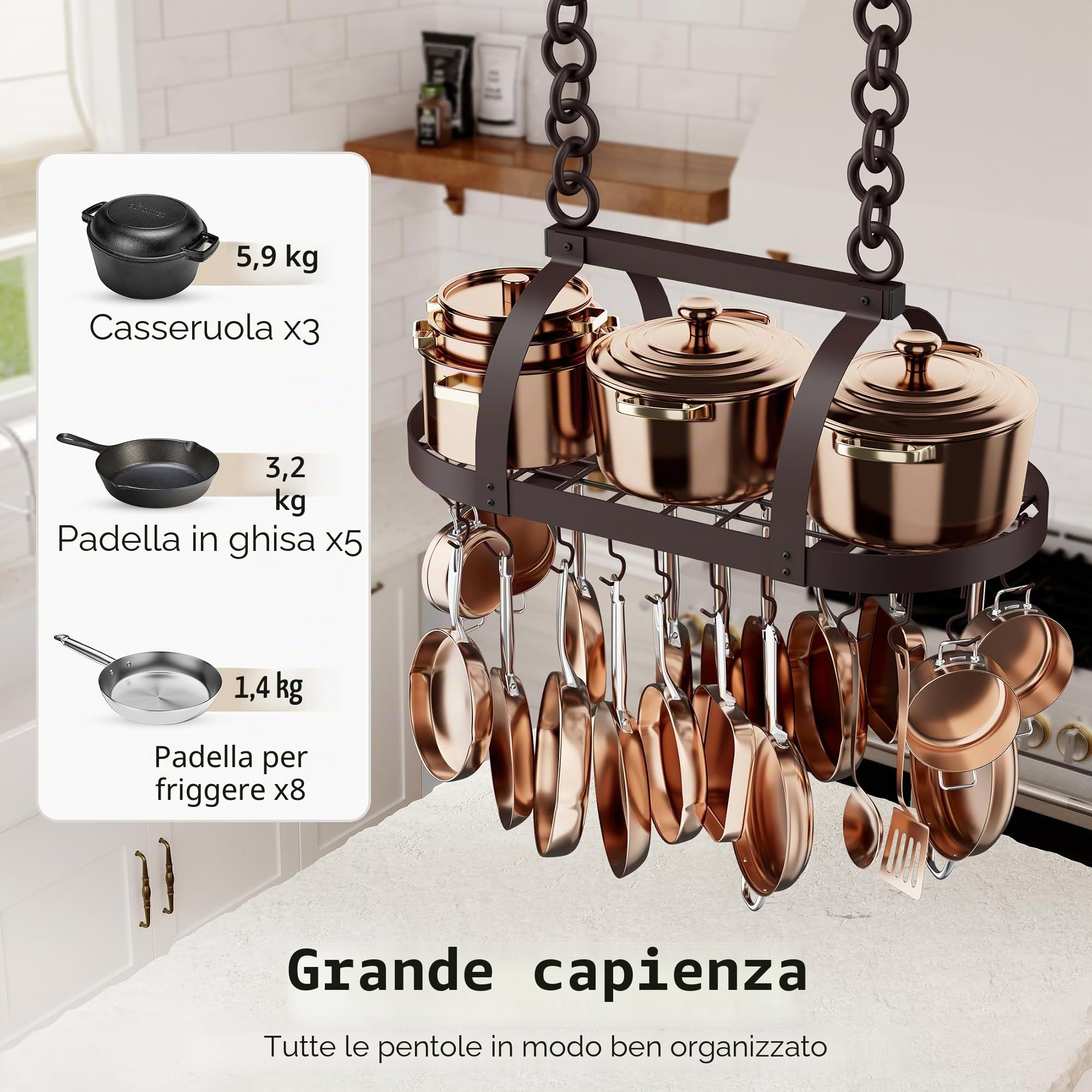 KES Porta Padelle e Pentole da Soffitto Porta Pentole da Cucina Salvaspazio con 20 Ganci per L'archiviazione e L'organizzazione della Cucina Mensola 85CM Bronzo Oliato, KUR221S85-OB