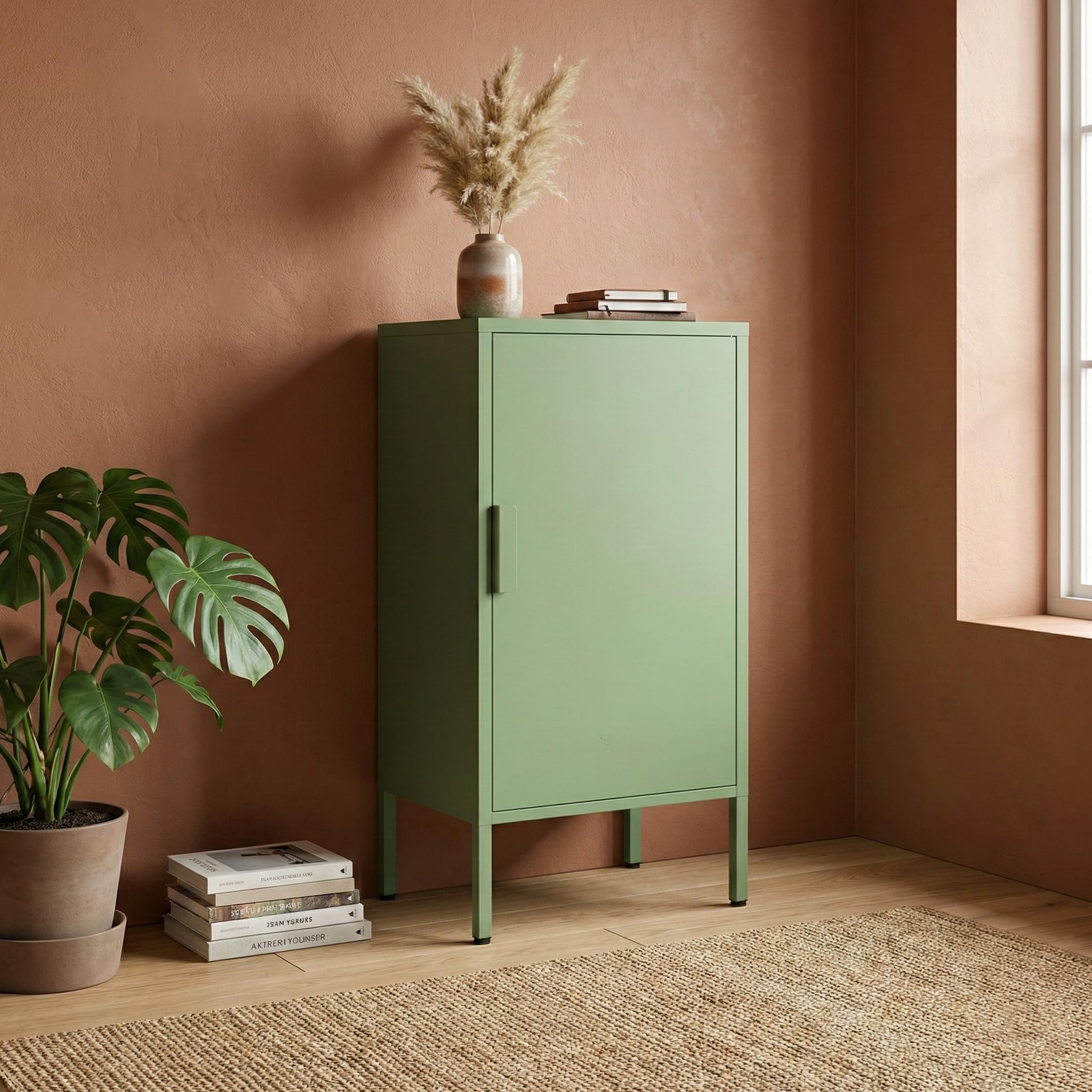 Brigros - Armadietto Metallico 1 Anta 35x46x72 Cm Con 2 Ripiani Regolabili, Mobile Multiuso Salvaspazio Per Bagno, Cucina, Soggiorno, Cameretta In Acciaio Moderno Colorato (Salvia)