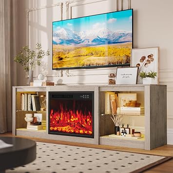 Ludatido 70 Inch TV Stand with 23" Electric Fireplace Insert, 12-Color LED Lights, Open Storage, Adjustable Glass Shelves, Charging Ports, Remote & Touch Control, Fits up to 80" TVs Gray