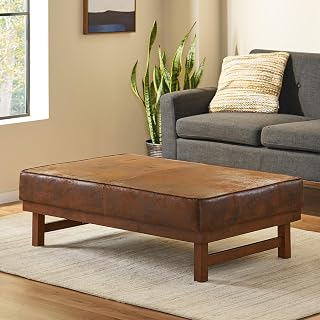 GDFStudio 48.15" Upholstered Coffee Table Ottoman, Large Faux Leather Rectangular Foot Rest Stool with Wooden Legs for Modern Living Room, Brown