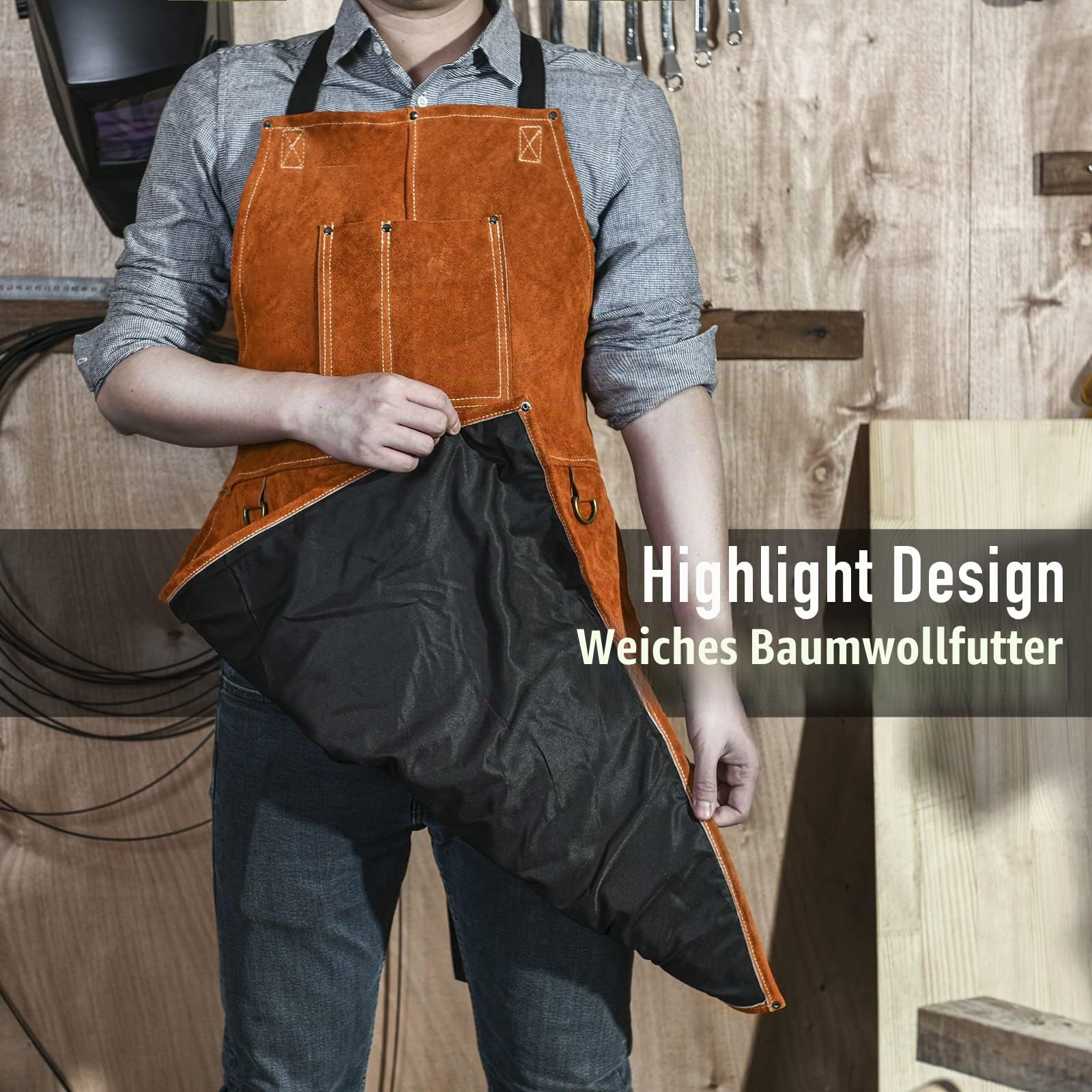 LeaSeek Schweißerschürze aus Leder– hitzebeständig und schwer entflammbare Latzschürze, schwer entflammbar, strapazierfähige Grillschürze, verstellbare Einheitsgröße