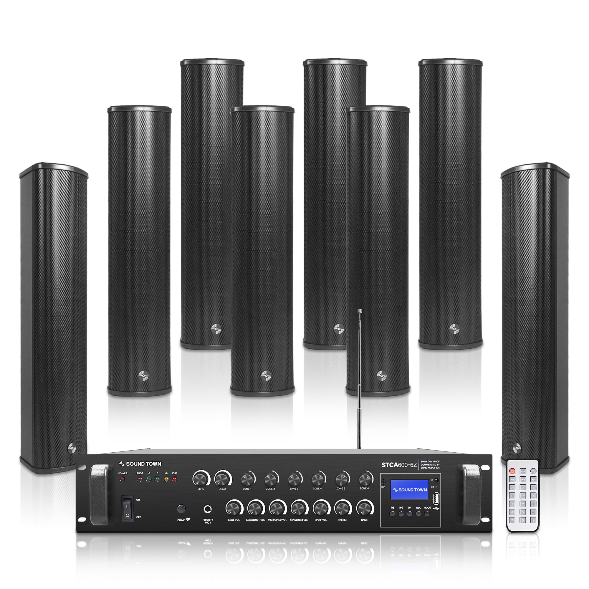 Sound Town Commercial Restaurant Bluetooth Amplifier + Column Speaker Set, with One 6-Zone 70V/100V Amplifier with Bluetooth, 8 x All-Weather Four 5-Inch Column Speakers, Black (STCA600X8CL45B)