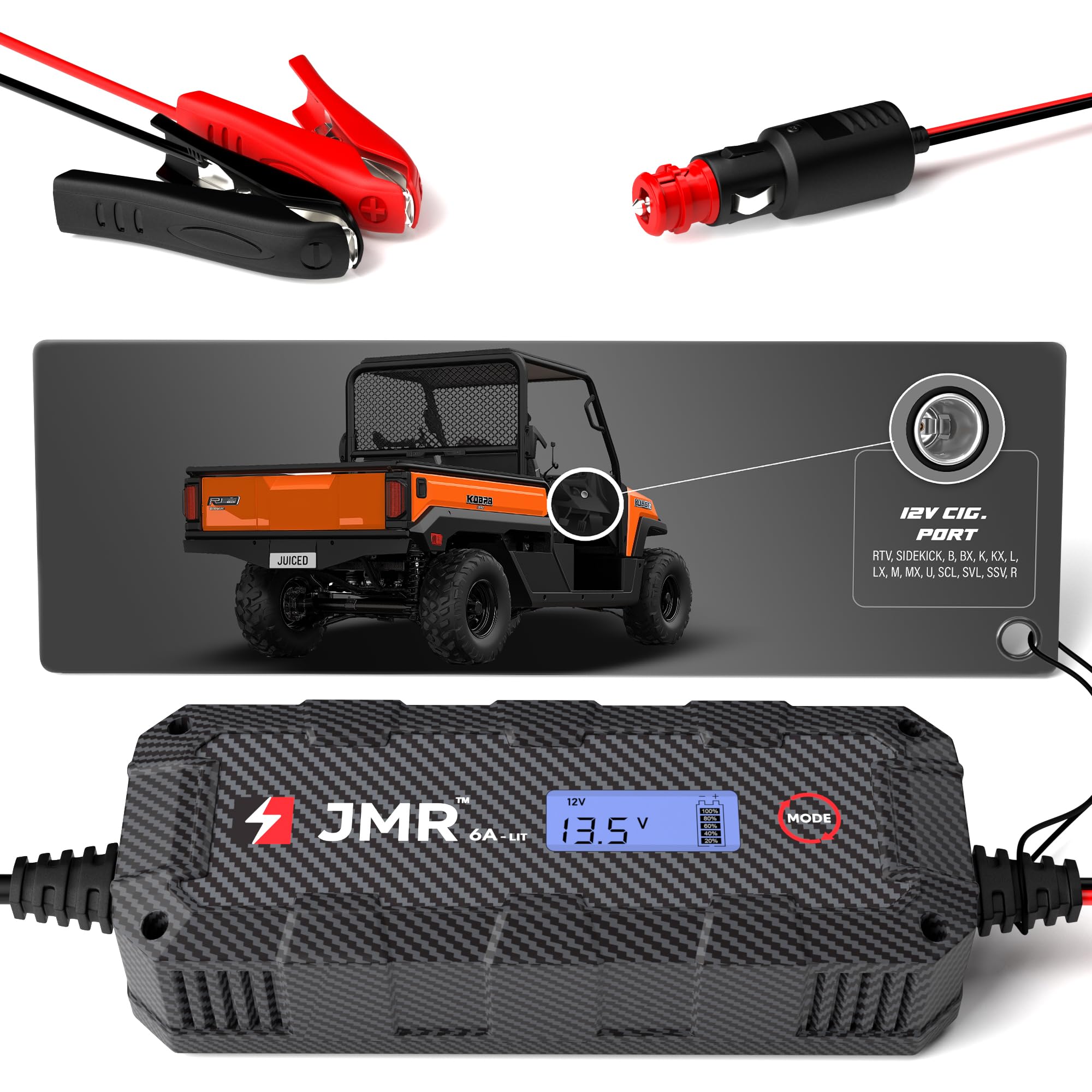 JMR Battery Charger for Kubota RTV Sidekick B BX K KX L LX M MX U SCL SVL SSV R All Models Trickle Charger Conditioner Maintainer (Add Lithium Mode)