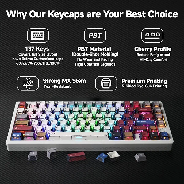 137 PBT Keycaps, Versatile Keycaps for Mechanical Keyboard (Typing, Gaming or Anime Passion) - RGB Backlit, Ergonomic, No Tear & Never Fades, Vibrant (Doubleshot, MX, 100%,75%,65%,60% Fit All, Cherry)