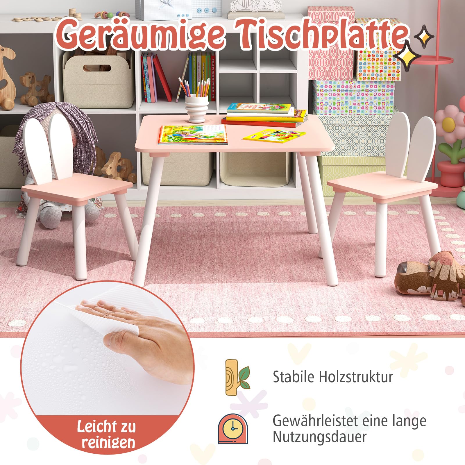 COSTWAY Stół dla dzieci z 2 krzesłami, 3-częściowy zestaw mebli do siedzenia z nogami z litego drewna i łapaczkami w kształcie uszu królika, kwadratowy stół gier, meble dziecięce, zestaw mebli do
