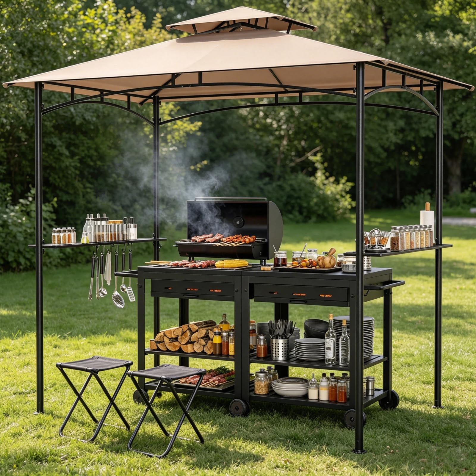 KOMFOTTEU Carpa de Barbacoa con Doble Techo 242 x 150 x 250 cm, Cenador para Jardín con 2 Mesa de Bar y 6 Ganchos, Pérgola de BBQ con Marco de Metal, para Terraza Fiesta Picnic (Marrón)