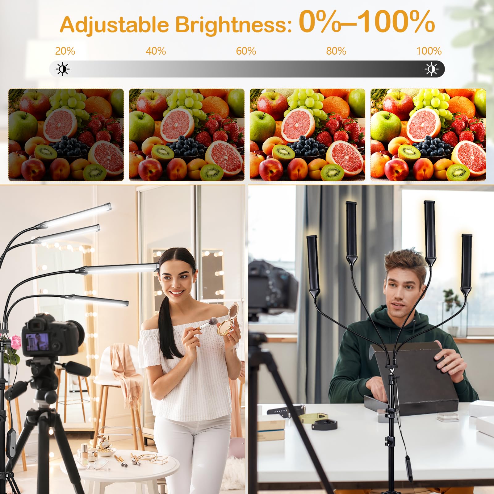 Lampada Video Dimmerabile LED, Quattro Bracci Lampada Estetista con Treppiede e Supporto per Telefono per Luce Truccatore, Lampada per Ciglia, Live Bellezza, Tatuaggio, Riprese Studio