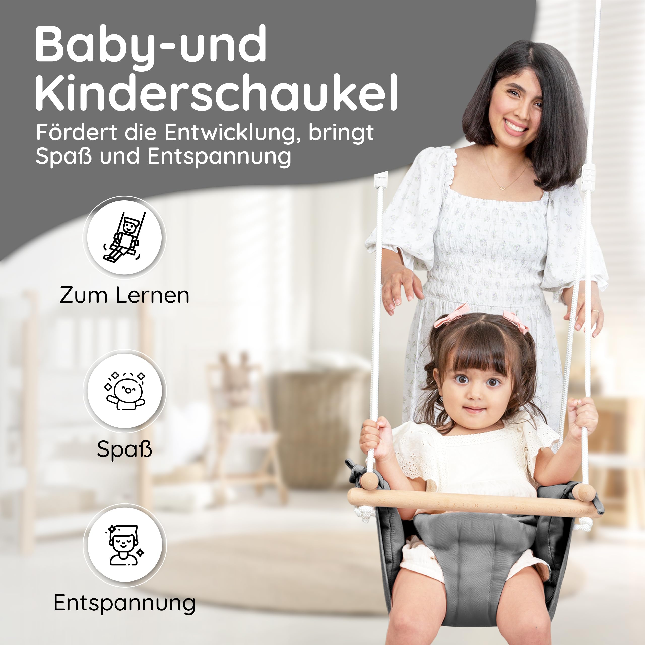 AMAZINGs Baby und Kinderschaukel | Mitwachsende Babyschaukel. Komplettset mit Aufhängung für Indoor und Outdoor | 3 in 1 Gurtsystem. Für Babys und Kinder ab 7 Monate bis 3 Jahre - Grau
