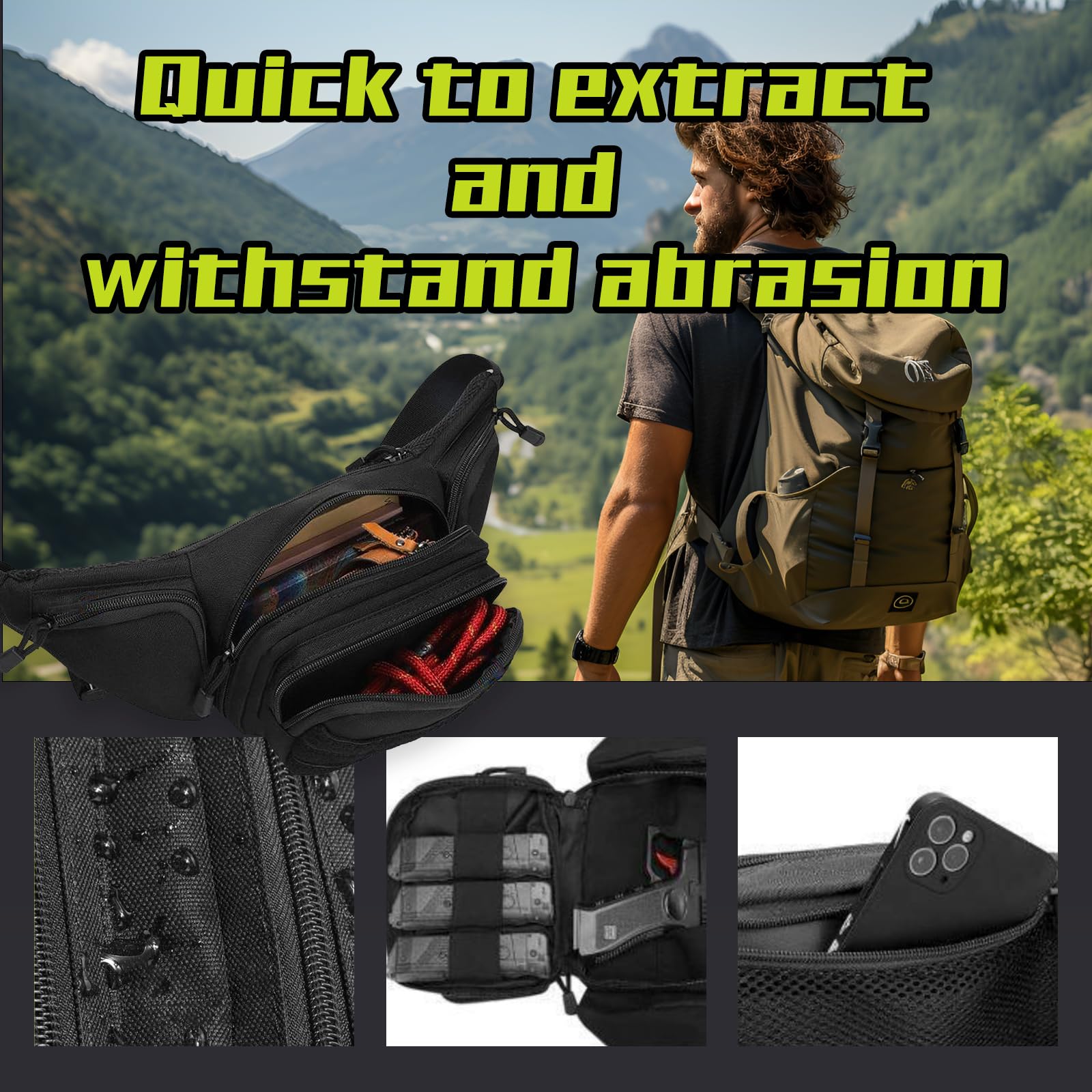 Marsupio tattico da uomo, per escursionismo, arrampicata, pesca, ciclismo, caccia, marsupio da uomo (nero), nero, medium, Raffred