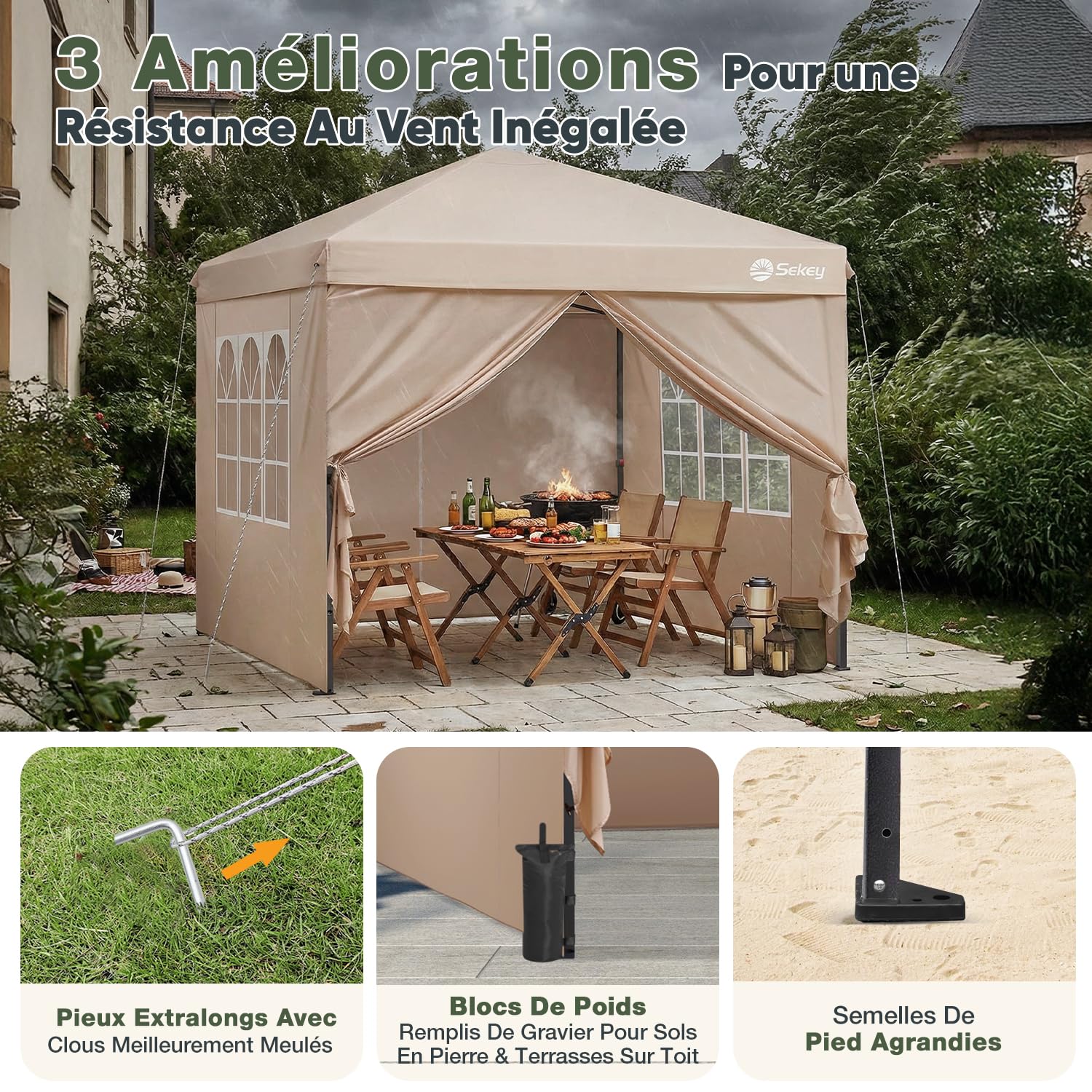 Sekey Tonnelle de Jardin 3x3m Imperméable Pop up, Barnum Pliant 3x3 avec Rideaux, Tonnelle de Jardin Exterieur, Anti UV Respirable Hauteur Réglable